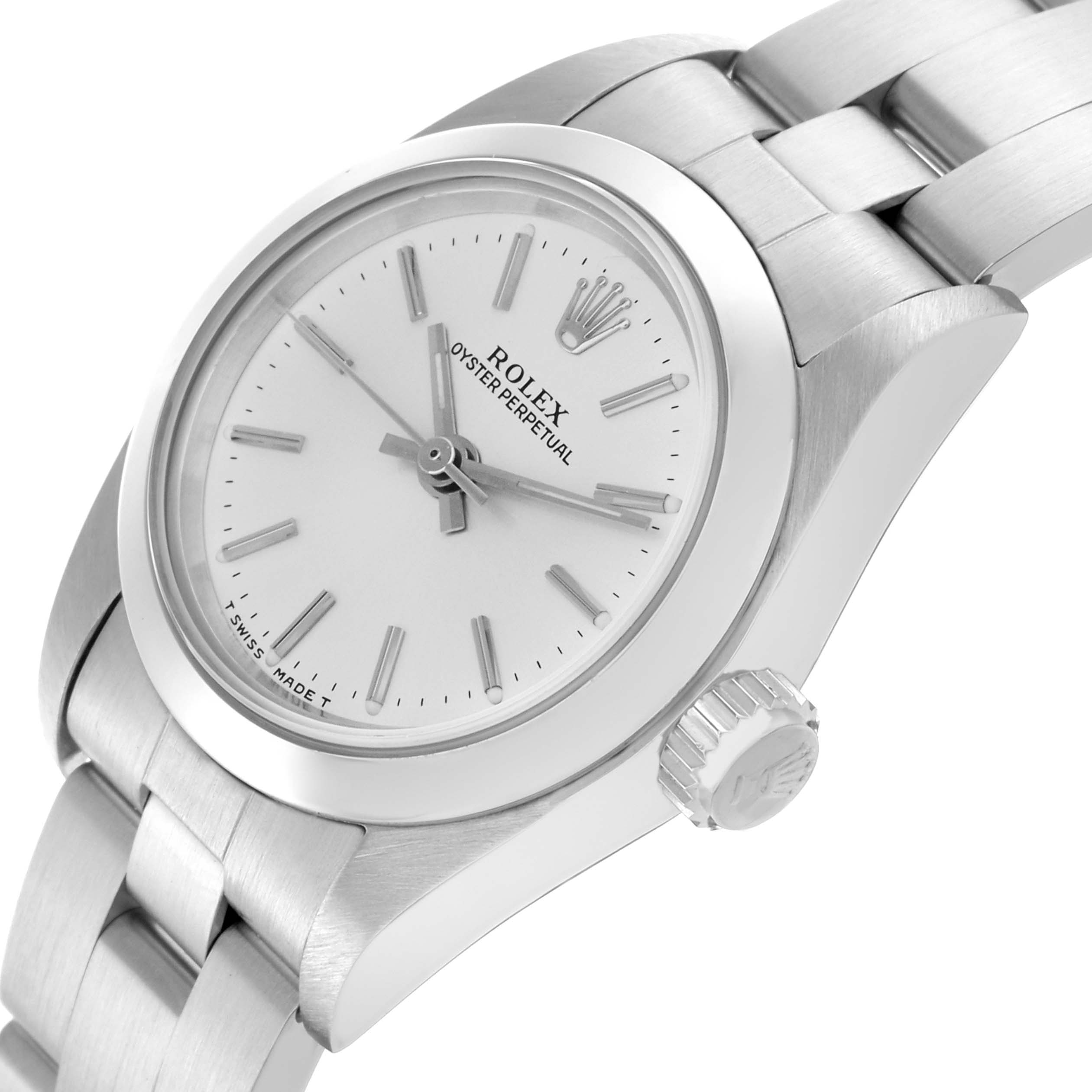 The Rolex Oyster Perpetual 67180 Women's Stainless Steel Silver Dial 67180 Women's Stainless Steel Silver Dial watch is shown at an angle highlighting the face, crown, and part of the bracelet.