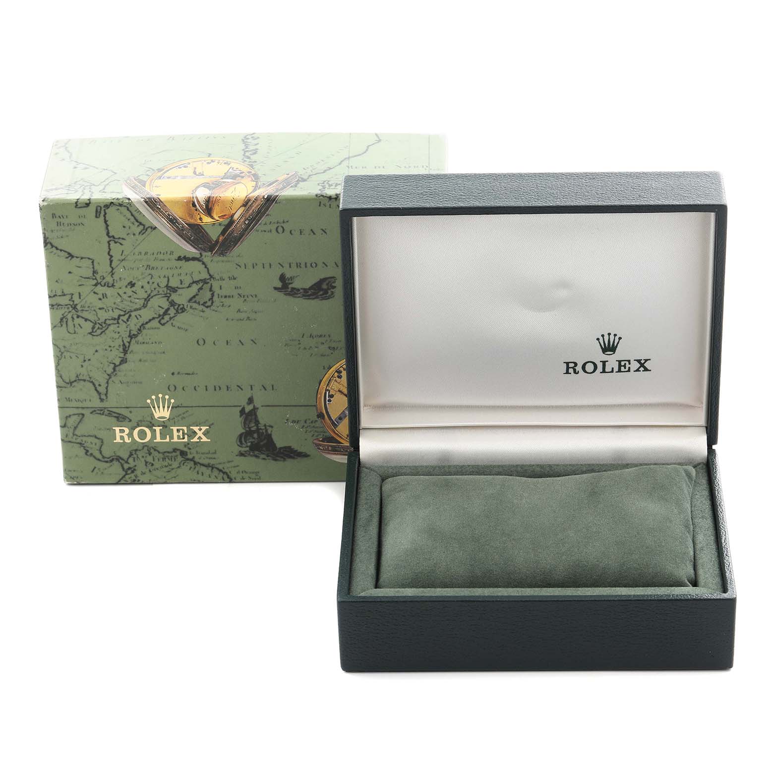 The image shows an open Rolex Oyster Perpetual 67180 Women's Stainless Steel Silver Dial 67180 Women's Stainless Steel Silver Dial box and its outer box, with the watch not visible.