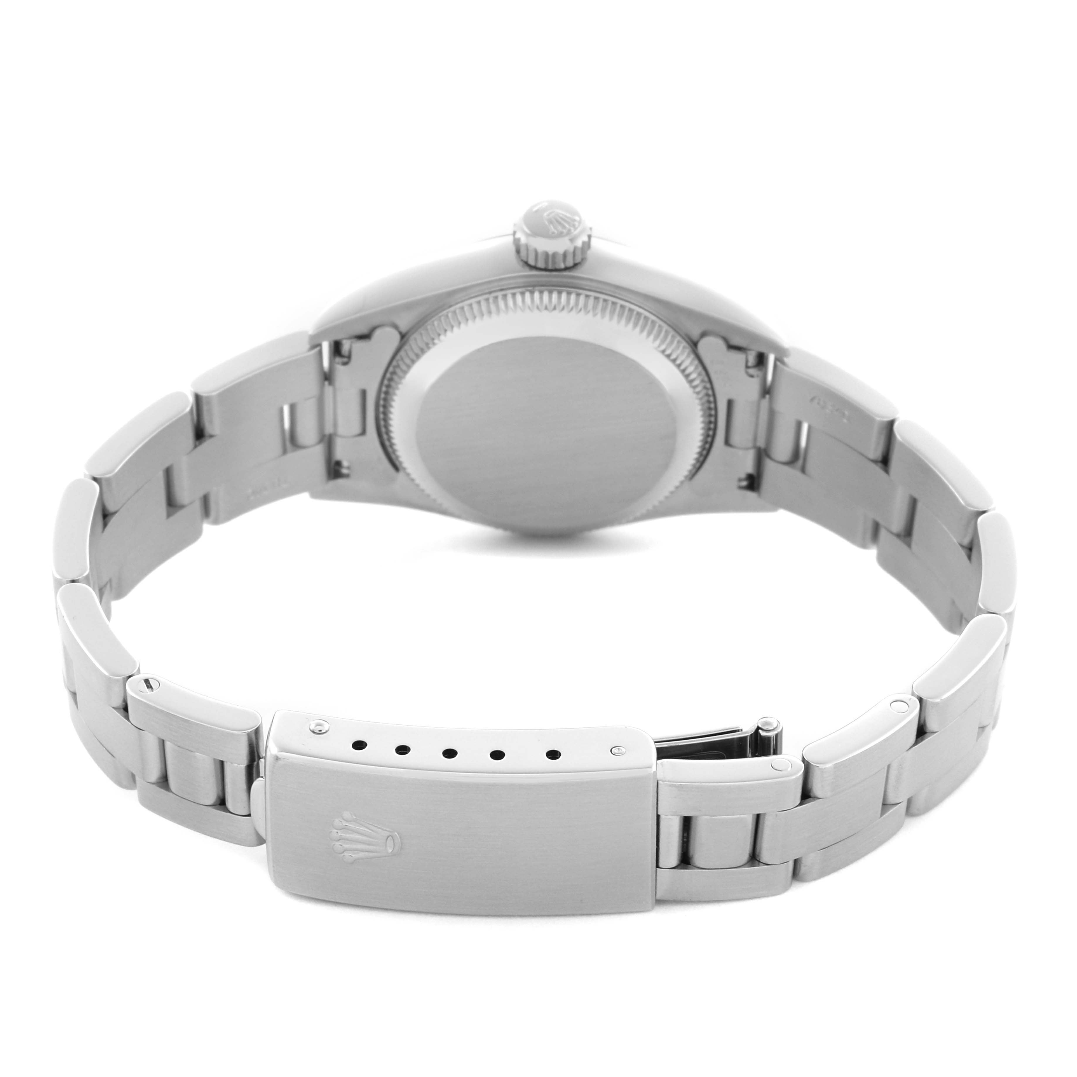 The image shows the back and clasp of a Rolex Oyster Perpetual 67180 Women's Stainless Steel Silver Dial 67180 Women's Stainless Steel Silver Dial watch, highlighting the bracelet and case back.