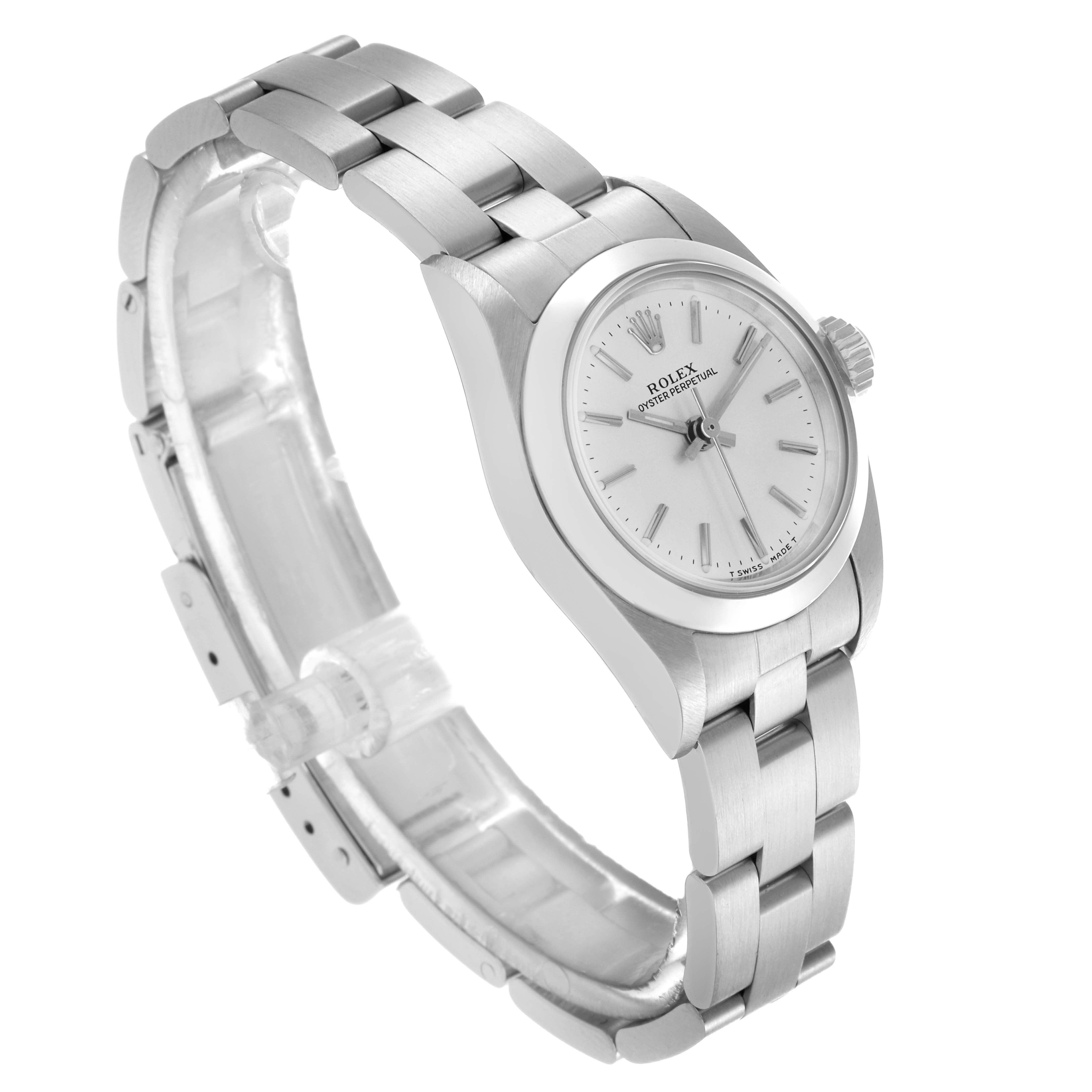 The Rolex Oyster Perpetual 67180 Women's Stainless Steel Silver Dial 67180 Women's Stainless Steel Silver Dial watch is shown at a tilted angle, highlighting the face, bezel, band, and crown.
