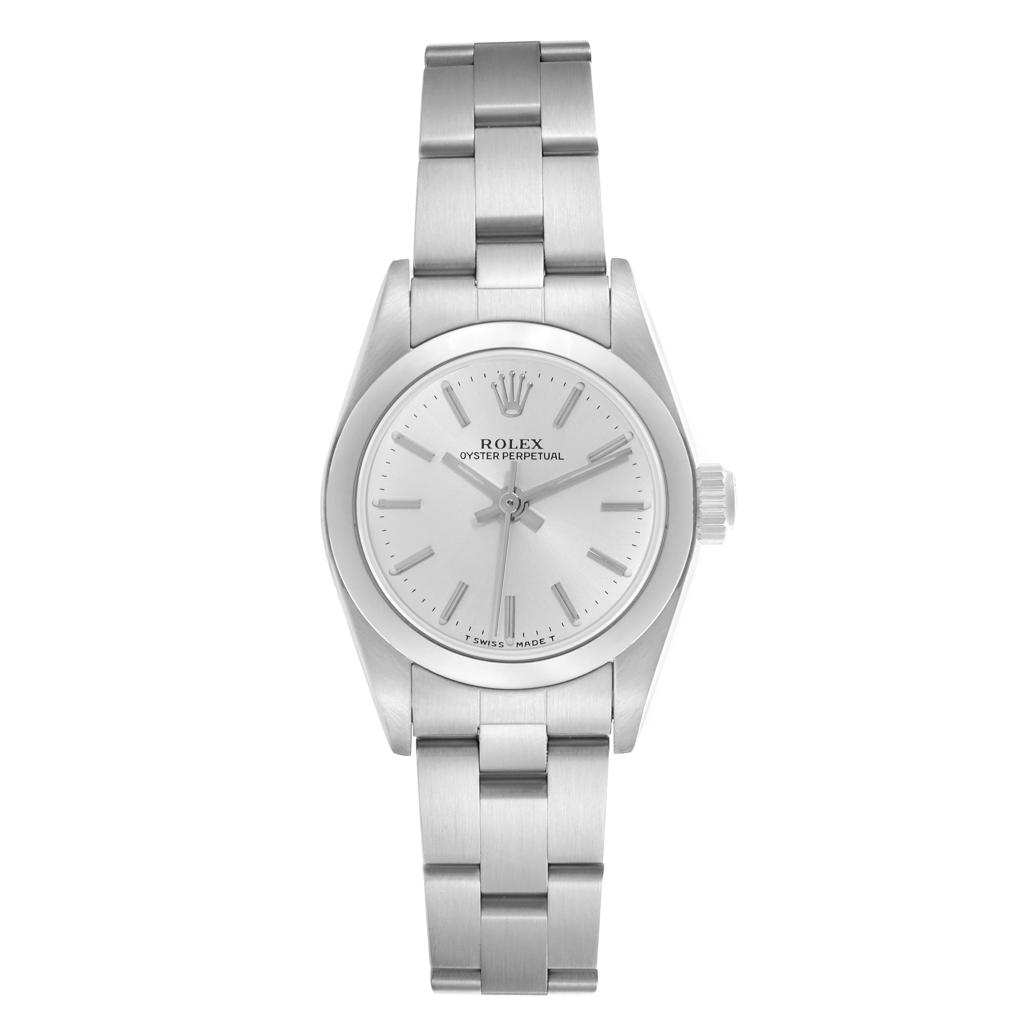 The Rolex Oyster Perpetual 67180 Women's Stainless Steel Silver Dial 67180 Women's Stainless Steel Silver Dial watch is shown from a top view, displaying its face, bezel, and bracelet.
