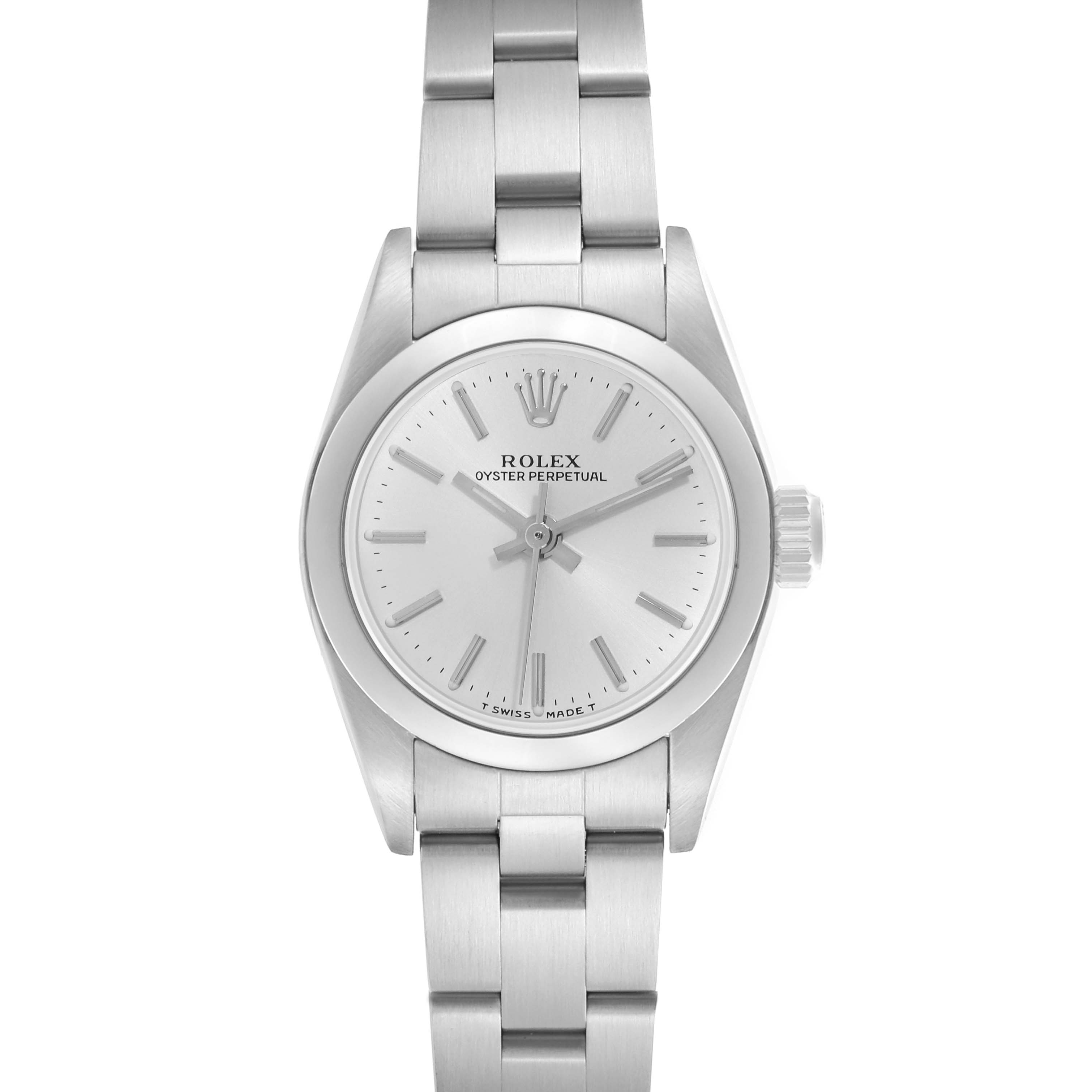 The Rolex Oyster Perpetual 67180 Women's Stainless Steel Silver Dial 67180 Women's Stainless Steel Silver Dial watch is shown from the front, displaying the dial, crown, and bracelet.