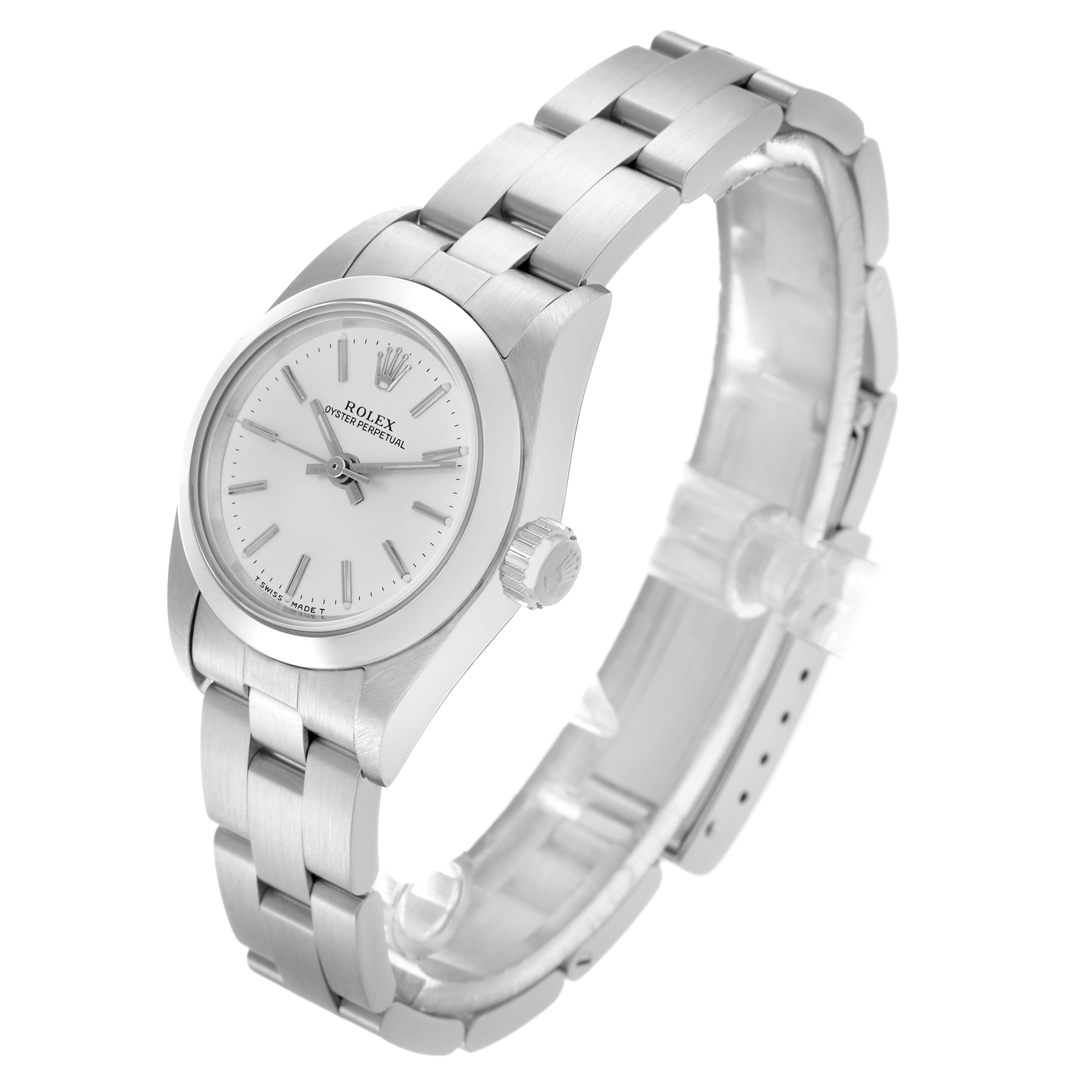 The Rolex Oyster Perpetual 67180 Women's Stainless Steel Silver Dial 67180 Women's Stainless Steel Silver Dial watch is shown at a three-quarter angle, displaying the dial, crown, and bracelet.