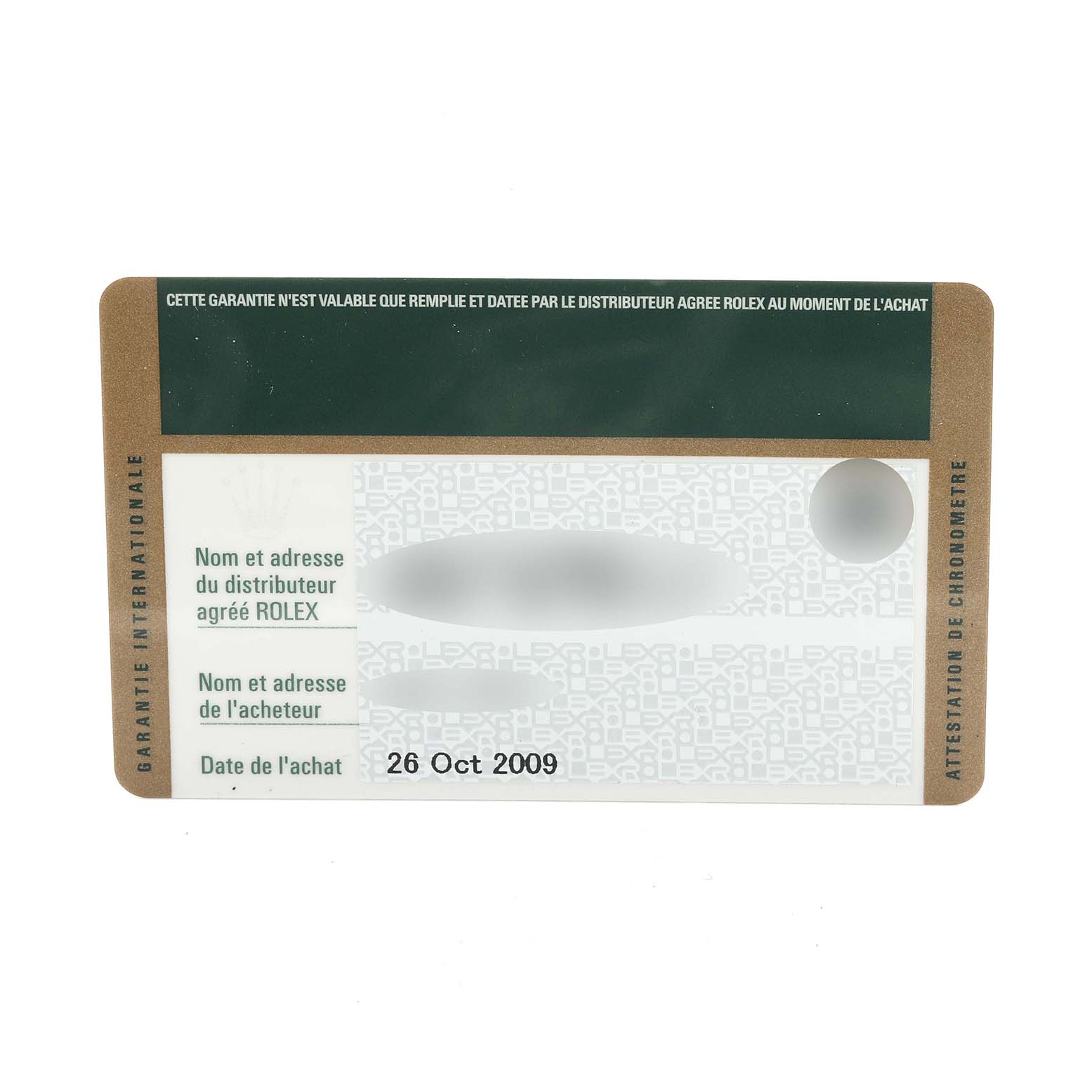 The image shows a close-up of a Rolex Oyster Perpetual 176200 Women's Stainless Steel Silver Dial 176200 Women's Stainless Steel Silver Dial warranty card with details including purchase date.