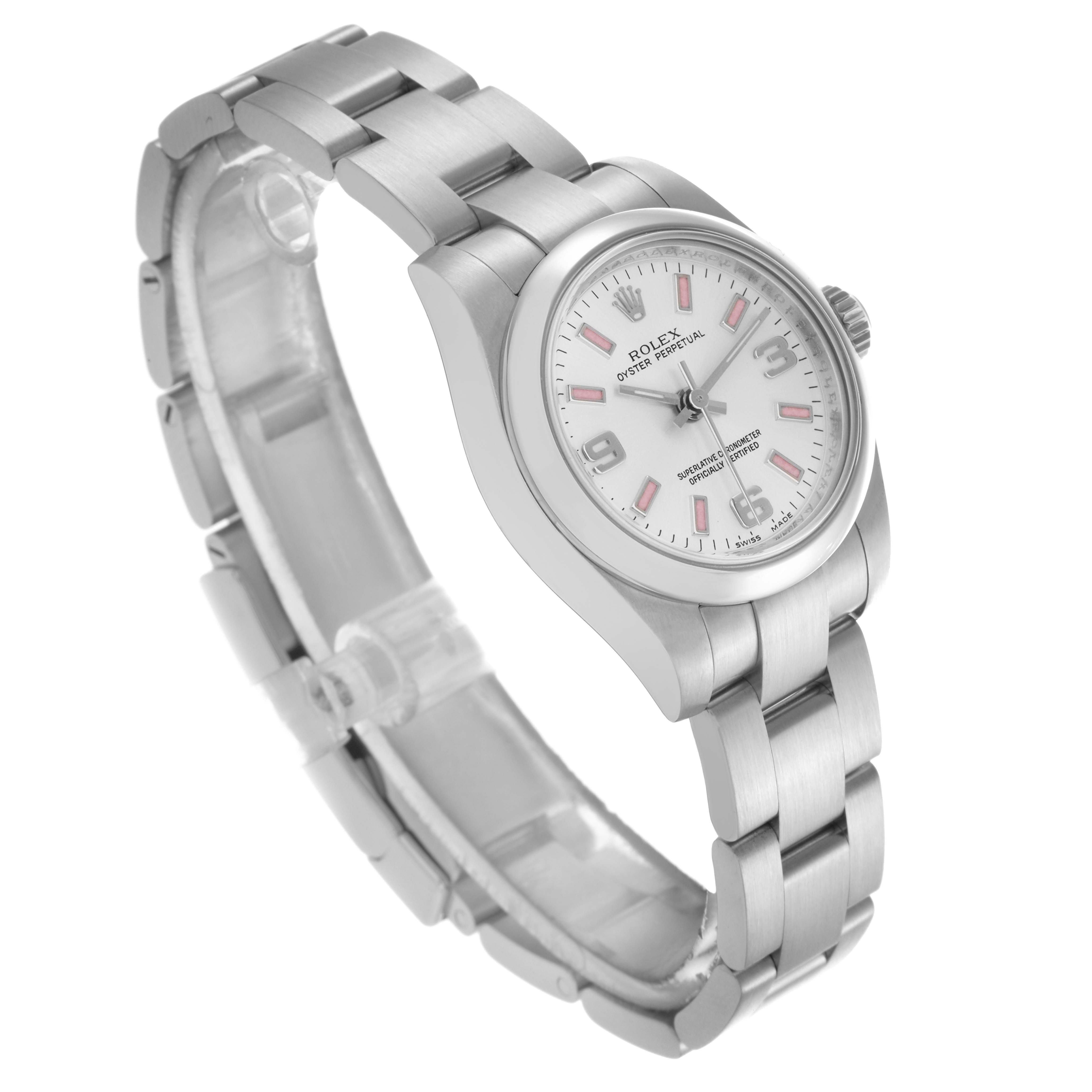 The Rolex Oyster Perpetual 176200 Women's Stainless Steel Silver Dial 176200 Women's Stainless Steel Silver Dial watch is shown at a slight angle, highlighting the face, bezel, case, and bracelet.