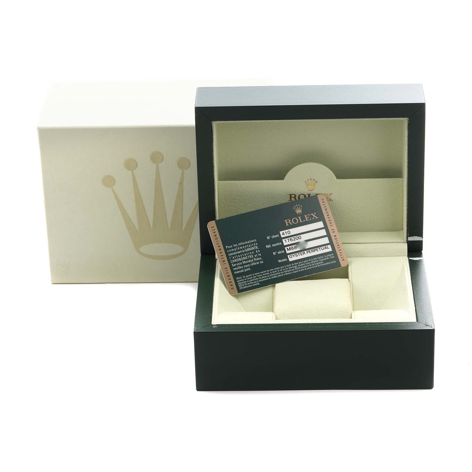 The image shows the Rolex Oyster Perpetual 176200 Women's Stainless Steel Silver Dial 176200 Women's Stainless Steel Silver Dial packaging box with a warranty card angled in front of it.