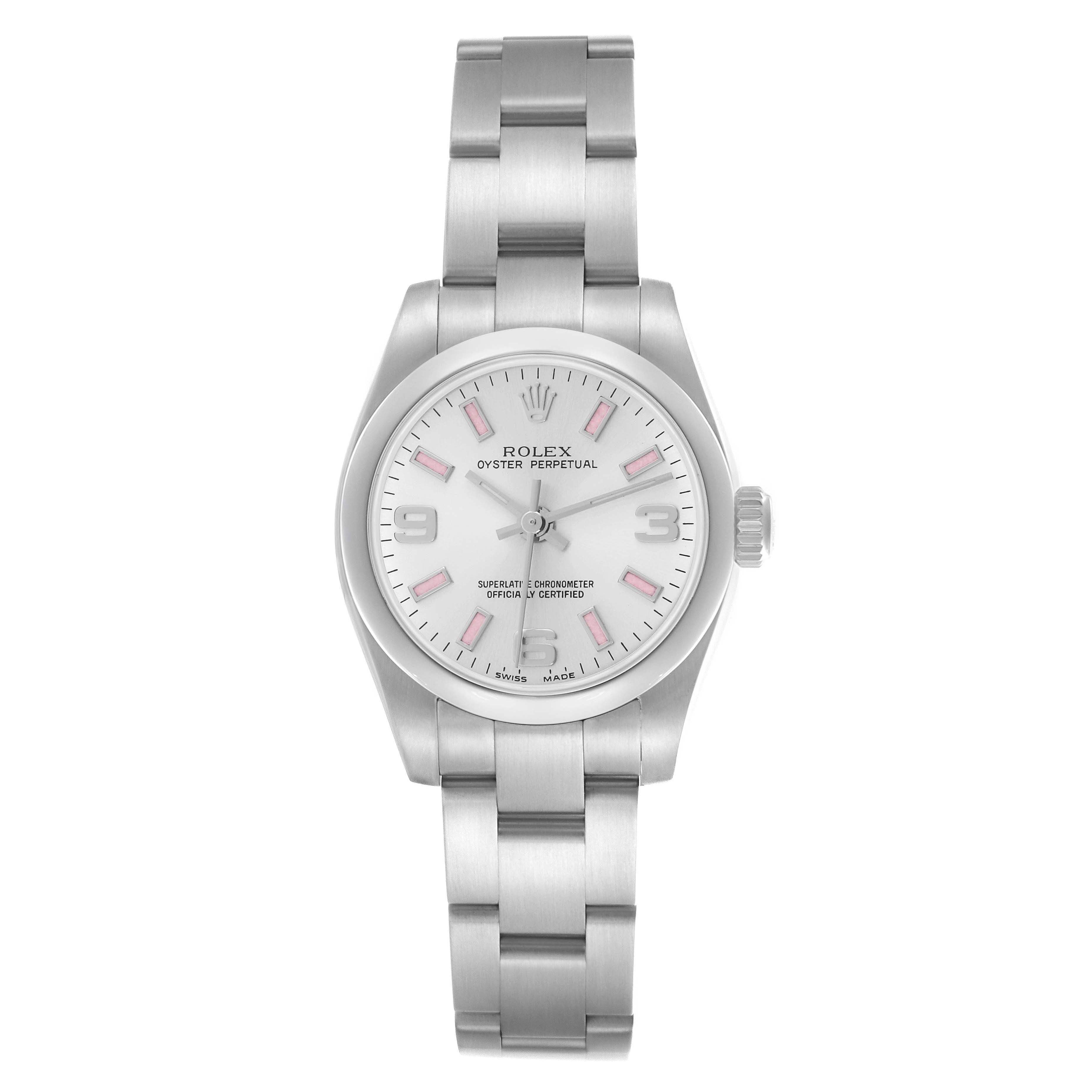 The image shows a front view of a Rolex Oyster Perpetual 176200 Women's Stainless Steel Silver Dial 176200 Women's Stainless Steel Silver Dial watch, featuring the bracelet, case, dial, and crown.