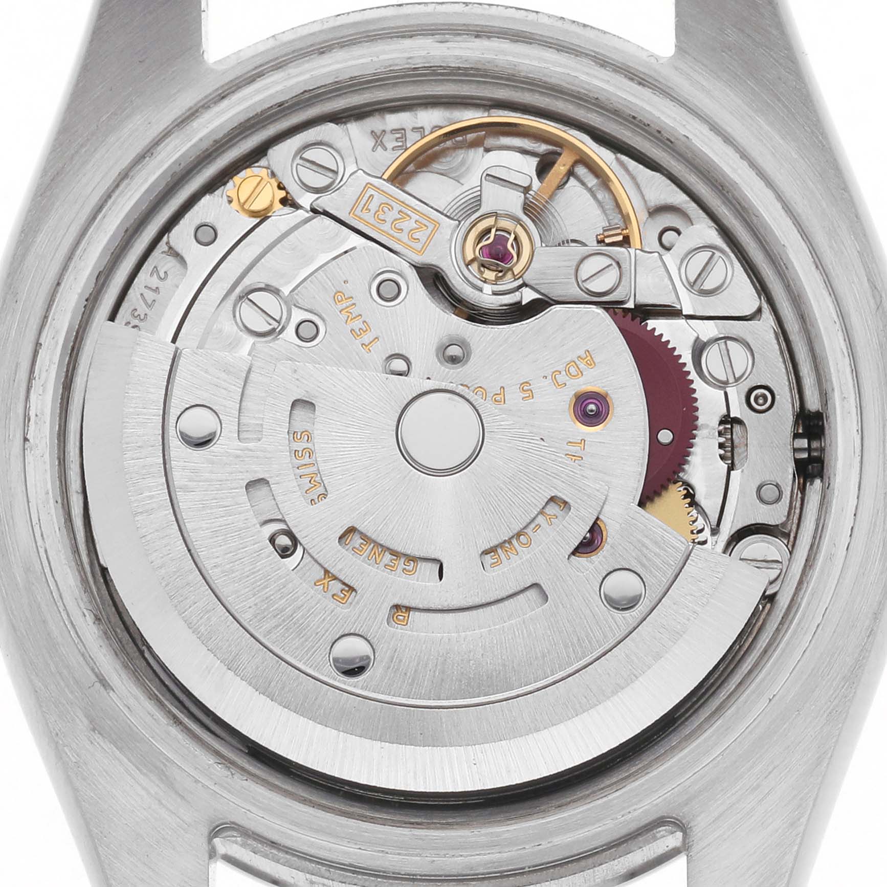 The image shows the movement of a Rolex Oyster Perpetual 176200 Women's Stainless Steel Silver Dial 176200 Women's Stainless Steel Silver Dial watch, featuring the rotor and internal mechanics from the back.