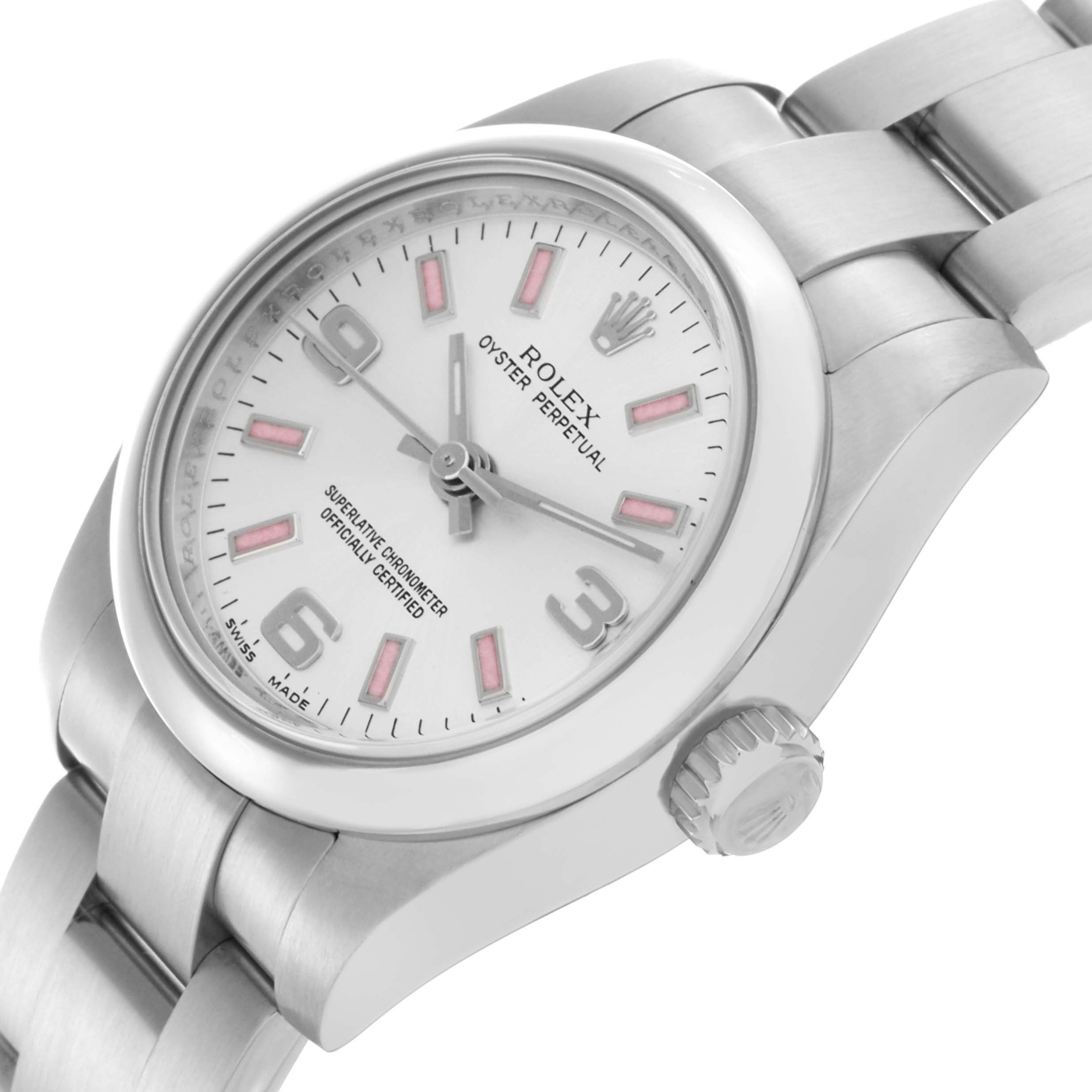 The Rolex Oyster Perpetual 176200 Women's Stainless Steel Silver Dial 176200 Women's Stainless Steel Silver Dial watch is shown at an angled side view, highlighting the face, crown, and part of the bracelet.