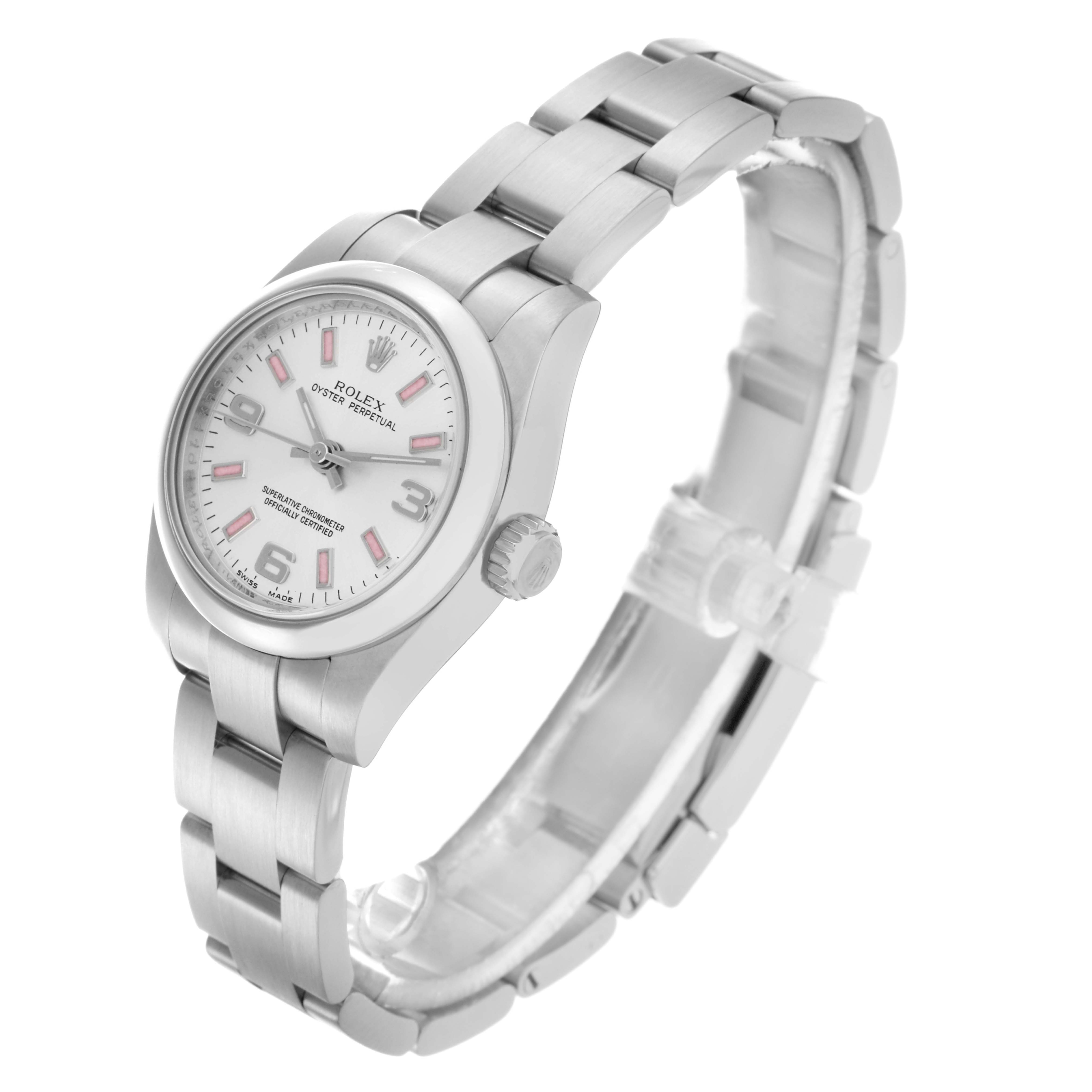 The Rolex Oyster Perpetual 176200 Women's Stainless Steel Silver Dial 176200 Women's Stainless Steel Silver Dial watch is shown at a three-quarter angle, highlighting the face, bracelet, and side crown.