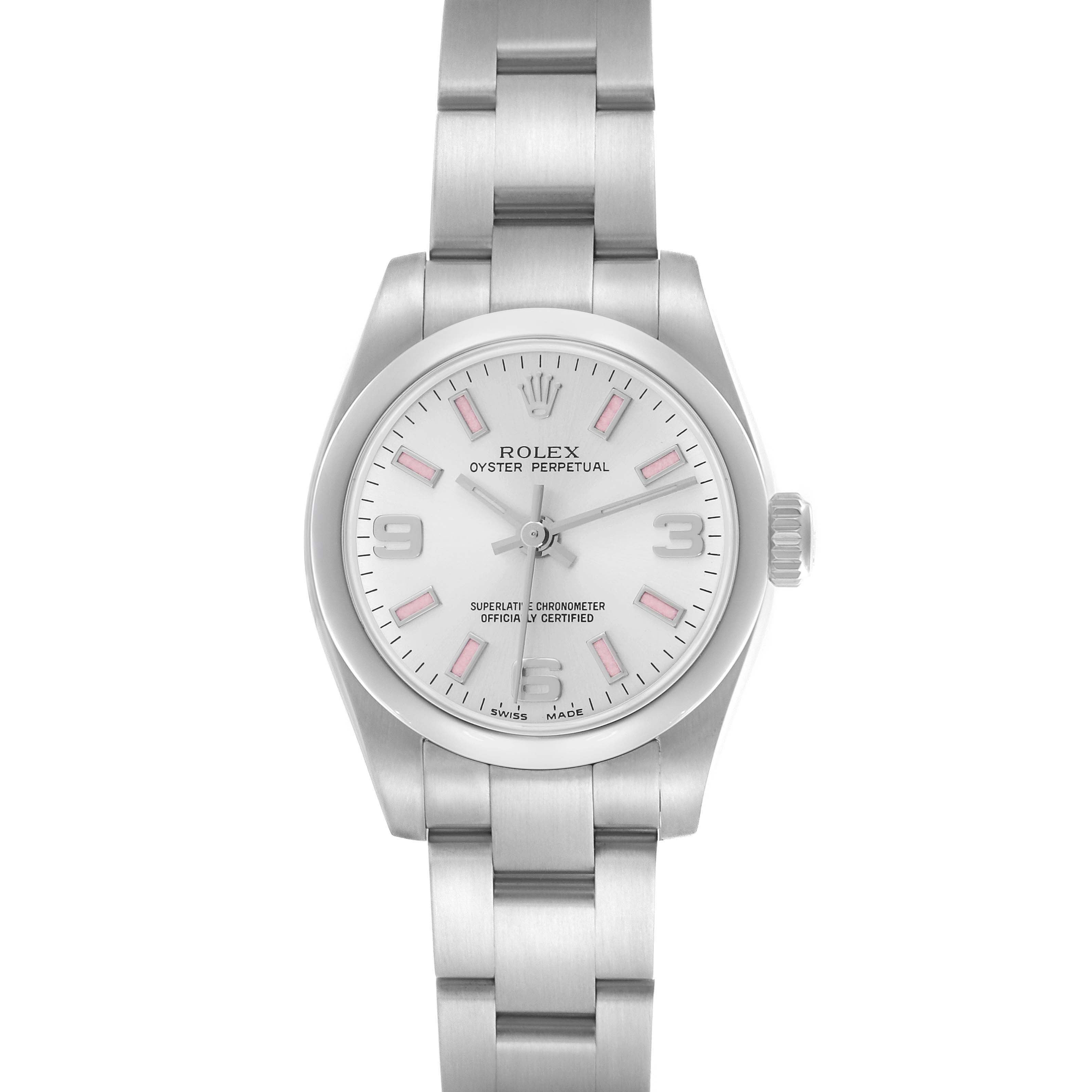 The Rolex Oyster Perpetual 176200 Women's Stainless Steel Silver Dial 176200 Women's Stainless Steel Silver Dial watch is shown from a front angle, displaying the dial, bezel, and bracelet.