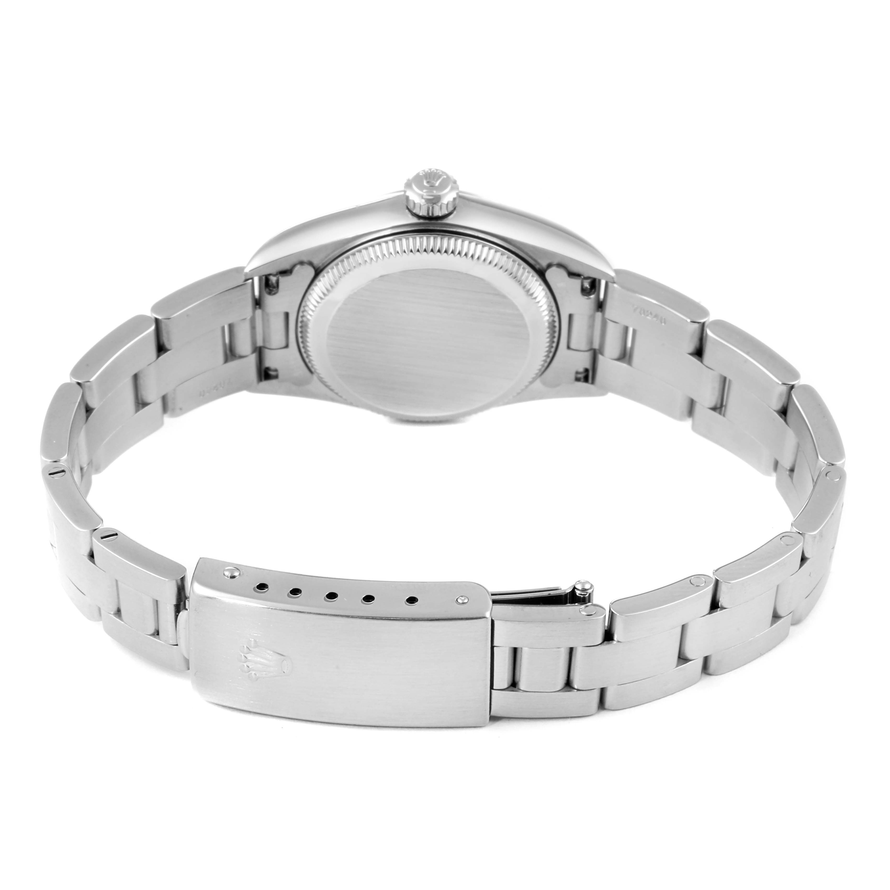 This image shows the back and clasp of the Rolex Oyster Perpetual 76080 Women's Stainless Steel Pink Dial 76080 Women's Stainless Steel Pink Dial watch, highlighting its bracelet and case back.