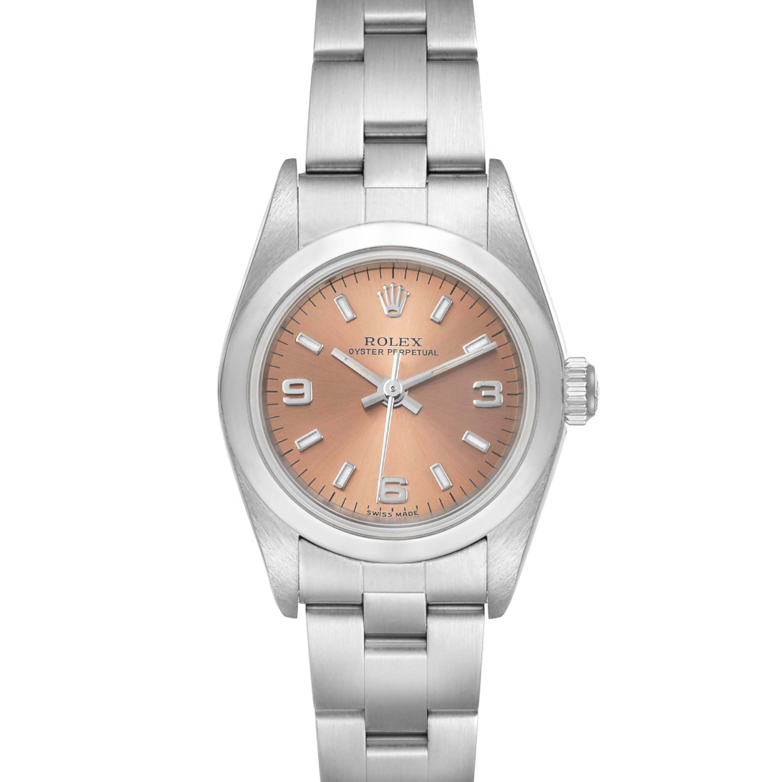 The image shows a front view of the Rolex Oyster Perpetual 76080 Women's Stainless Steel Pink Dial 76080 Women's Stainless Steel Pink Dial watch, showcasing its face, bezel, and bracelet.
