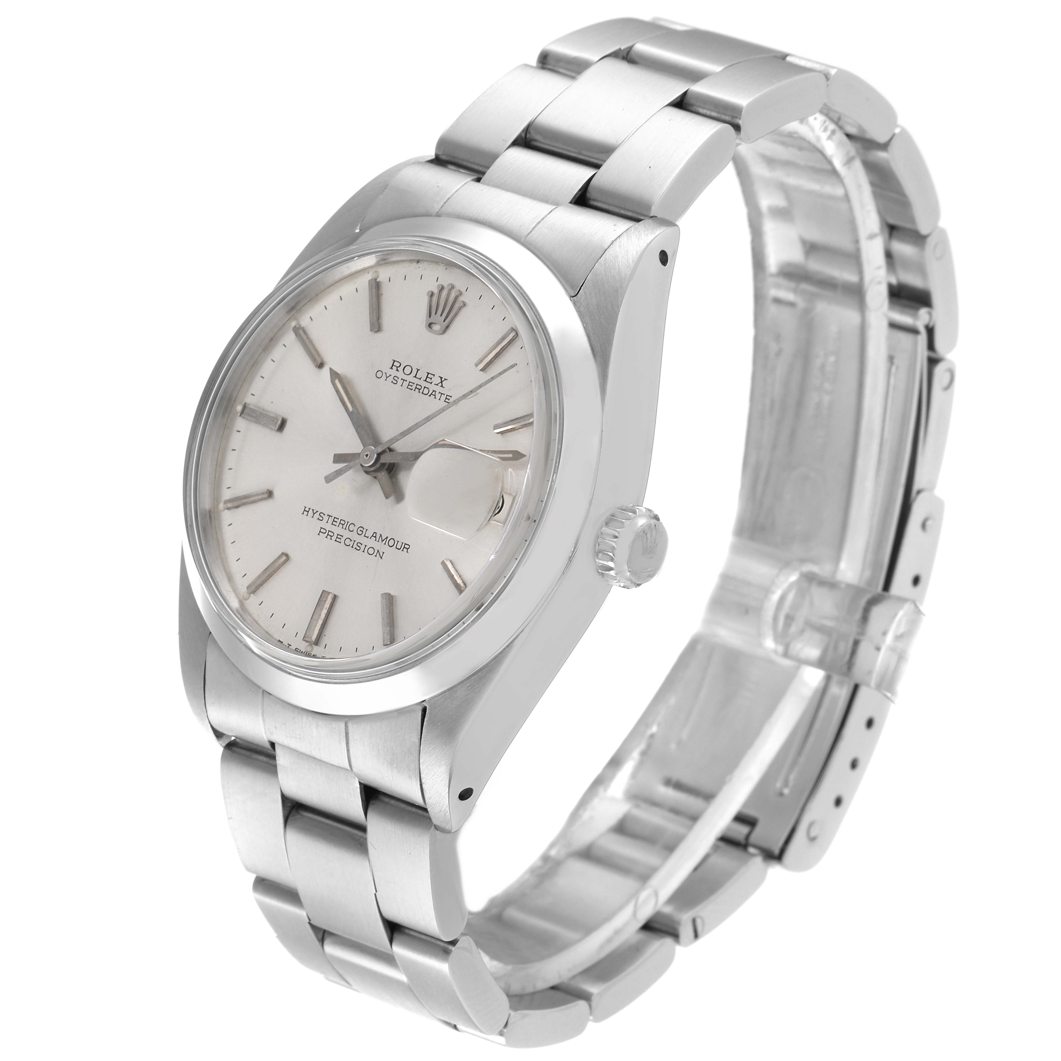 The image shows a side view of the Rolex Vintage Collection 6694 Men's Stainless Steel Silver Dial 6694 Men's Stainless Steel Silver Dial watch, displaying its face, crown, and metal bracelet.