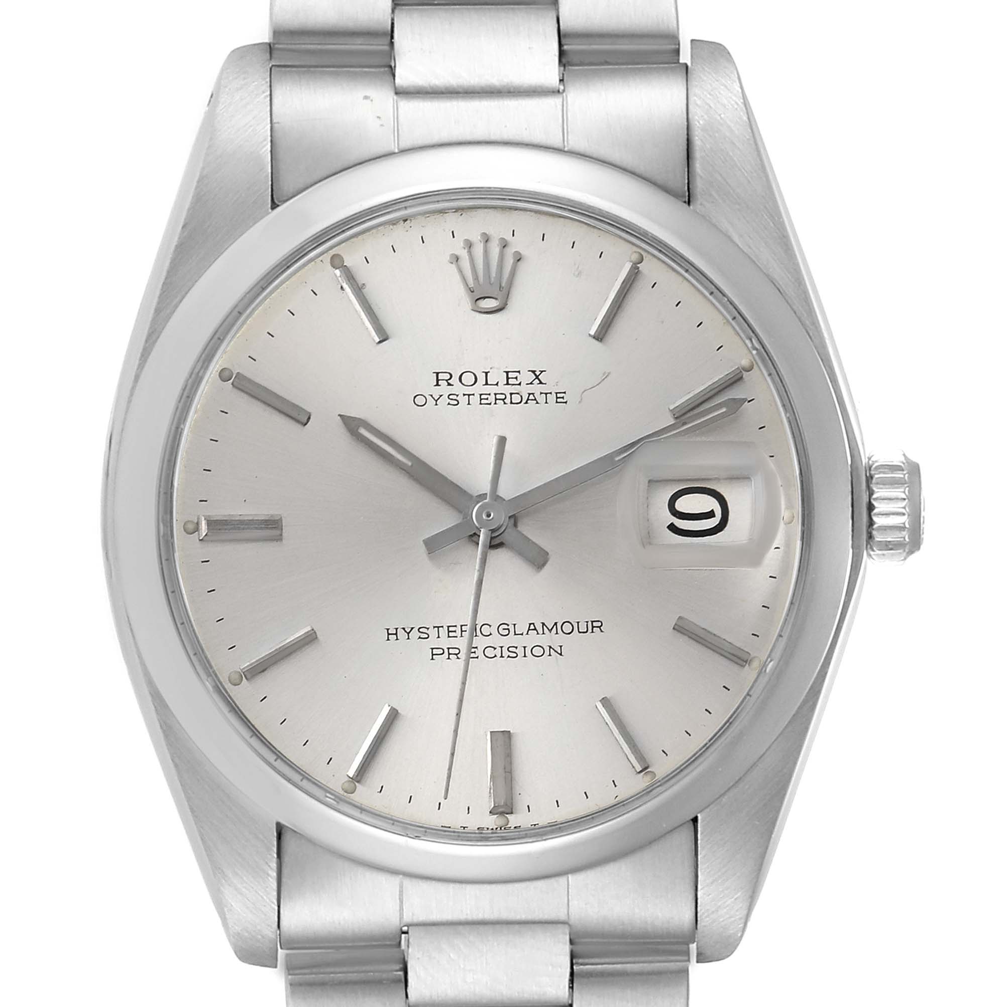 The image shows a front view of the dial and partial bracelet of the Rolex Vintage Collection 6694 Men's Stainless Steel Silver Dial 6694 Men's Stainless Steel Silver Dial Oysterdate model.