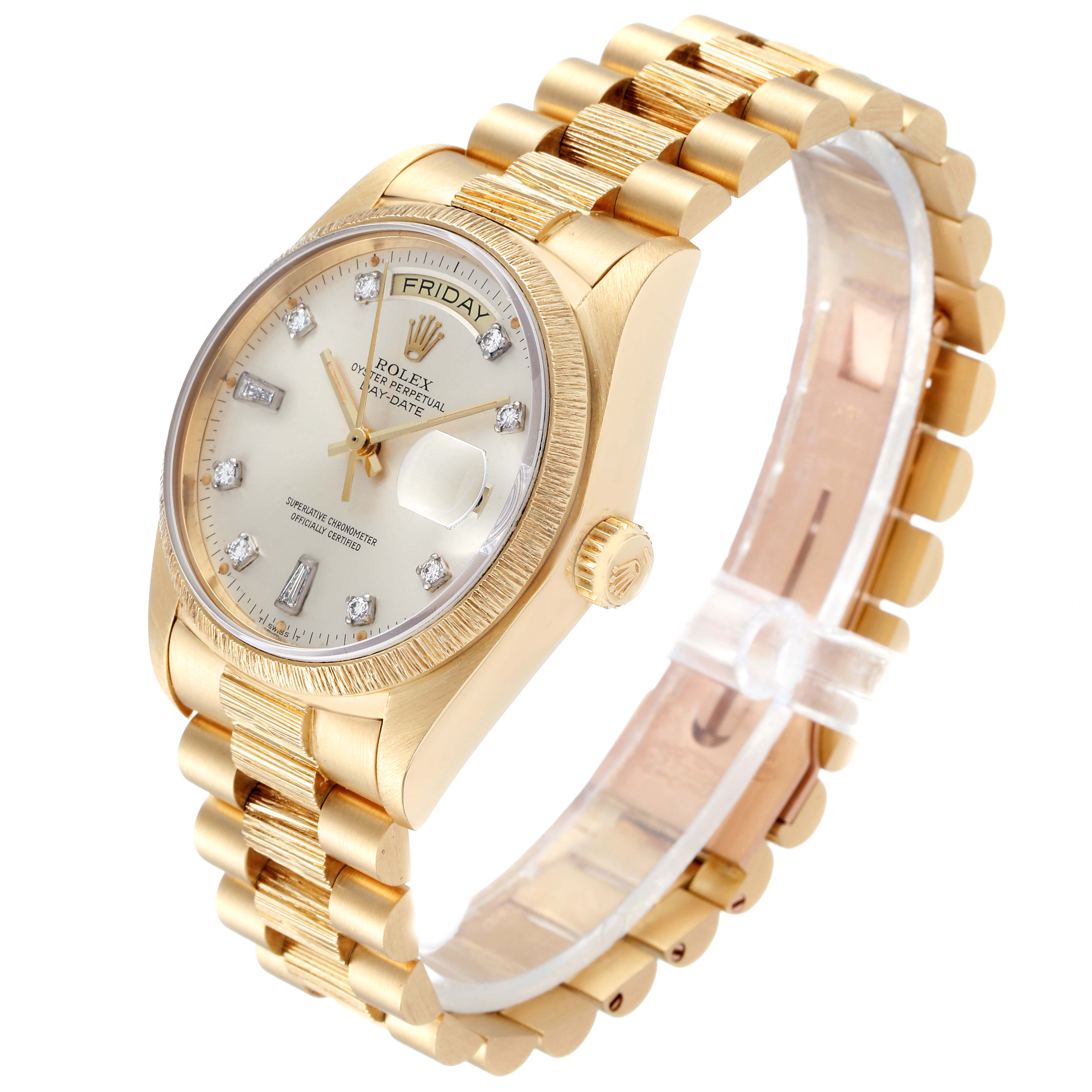 This image shows a Rolex President 18078 Men's Yellow Gold Silver Dial 18078 Men's Yellow Gold Silver Dial model watch from a three-quarter angle, highlighting the gold case, bracelet, and diamond-accented dial.