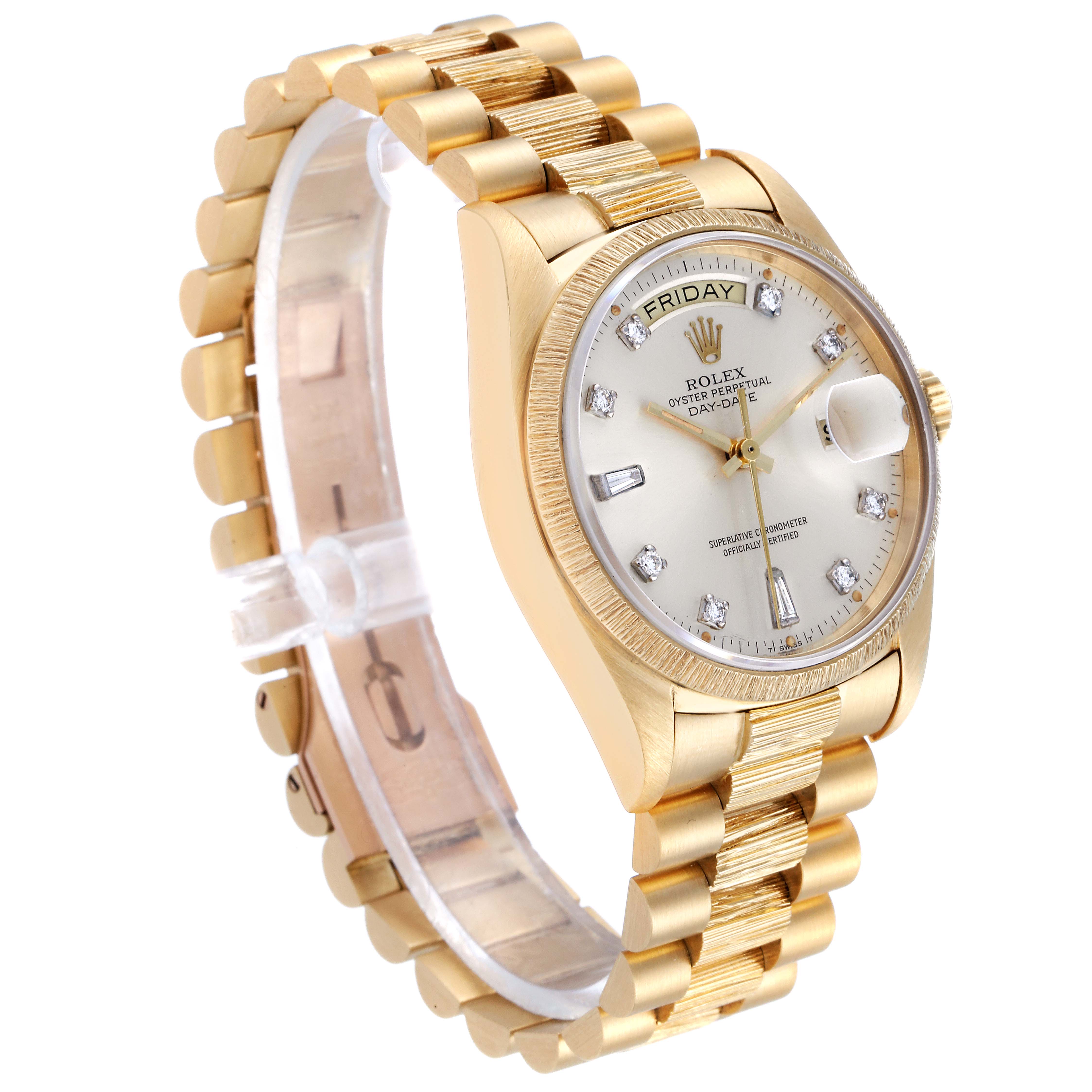 The Rolex President 18078 Men's Yellow Gold Silver Dial 18078 Men's Yellow Gold Silver Dial model watch is shown at an angle that highlights its gold band, case, and dial.