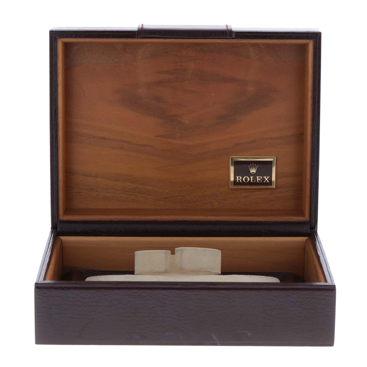 This image shows an open, empty Rolex President 18078 Men's Yellow Gold Silver Dial 18078 Men's Yellow Gold Silver Dial model watch box with its interior and the Rolex logo visible.