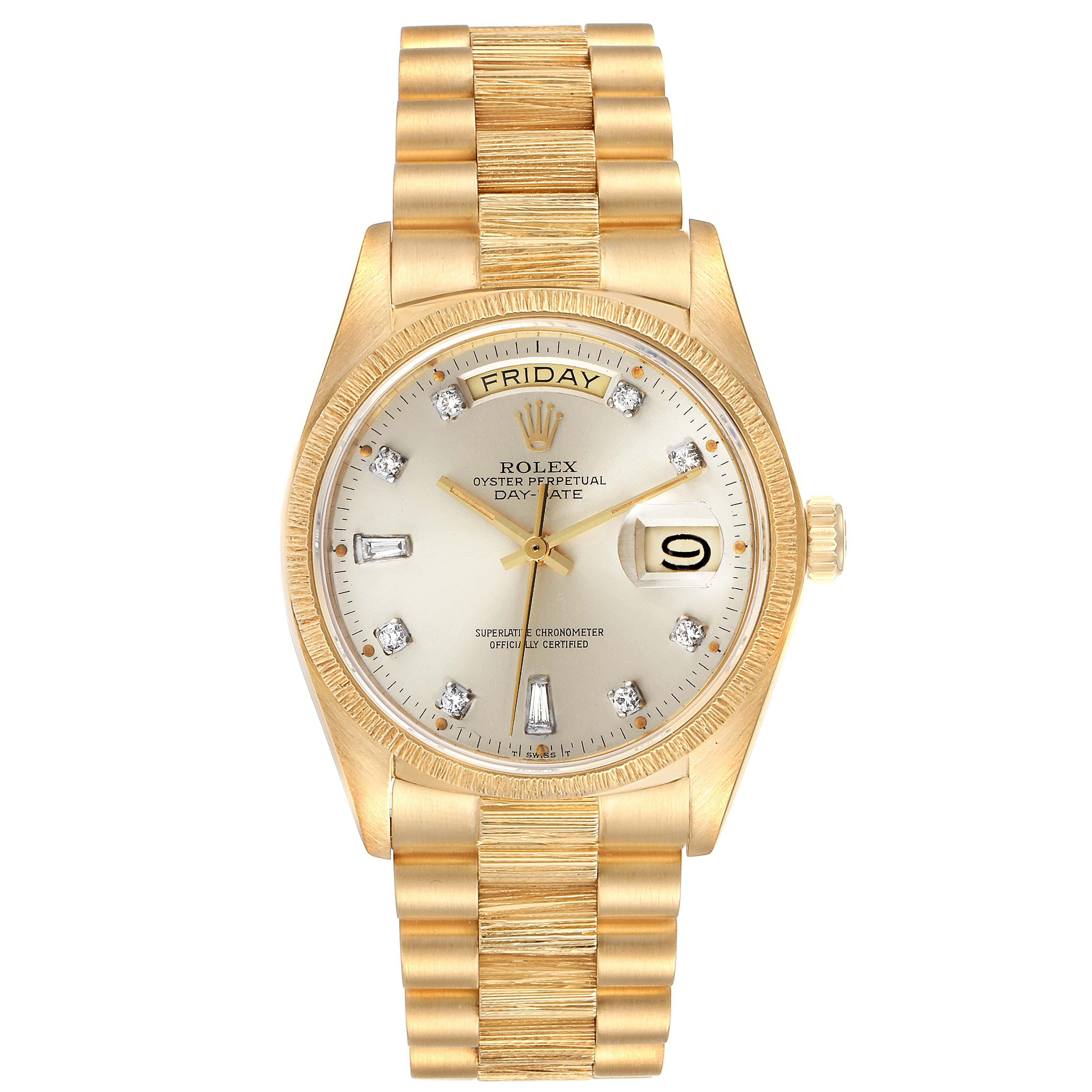 This Rolex President 18078 Men's Yellow Gold Silver Dial 18078 Men's Yellow Gold Silver Dial model watch is shown from the front, highlighting its face, dial, bezel, and bracelet.
