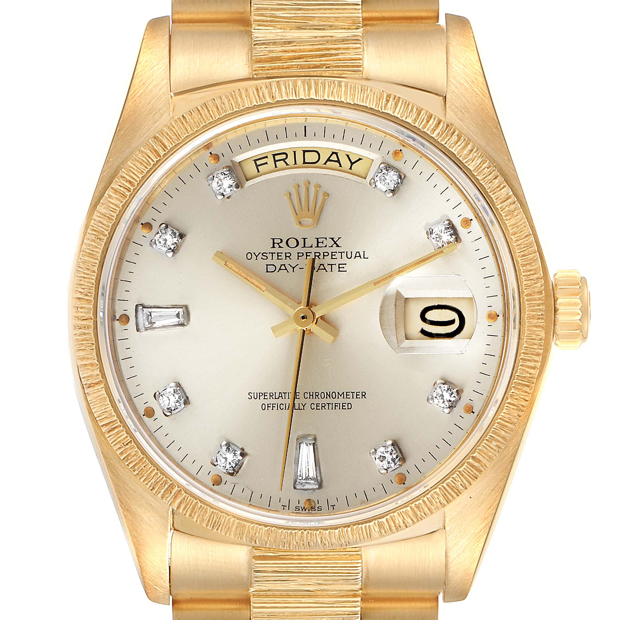 The image shows a front view of the Rolex President 18078 Men's Yellow Gold Silver Dial 18078 Men's Yellow Gold Silver Dial model watch, displaying the face, bezel, crown, and part of the bracelet.