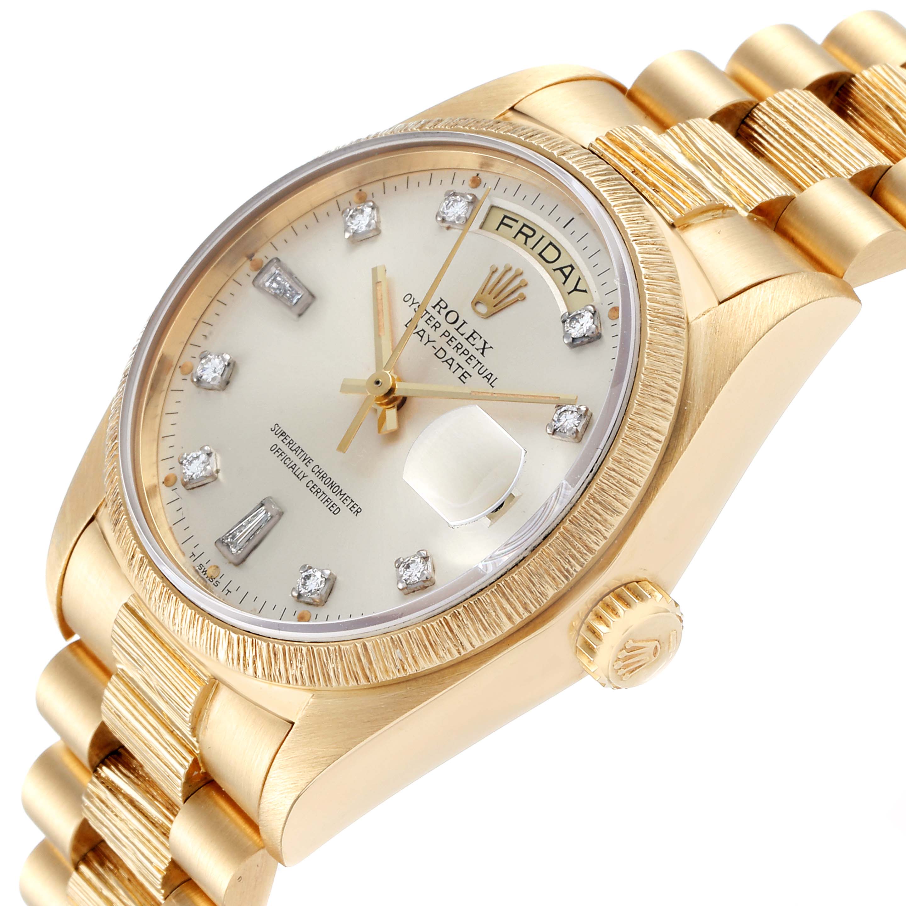 The Rolex President 18078 Men's Yellow Gold Silver Dial 18078 Men's Yellow Gold Silver Dial model watch is shown at an angle highlighting the face, crown, and part of the bracelet.