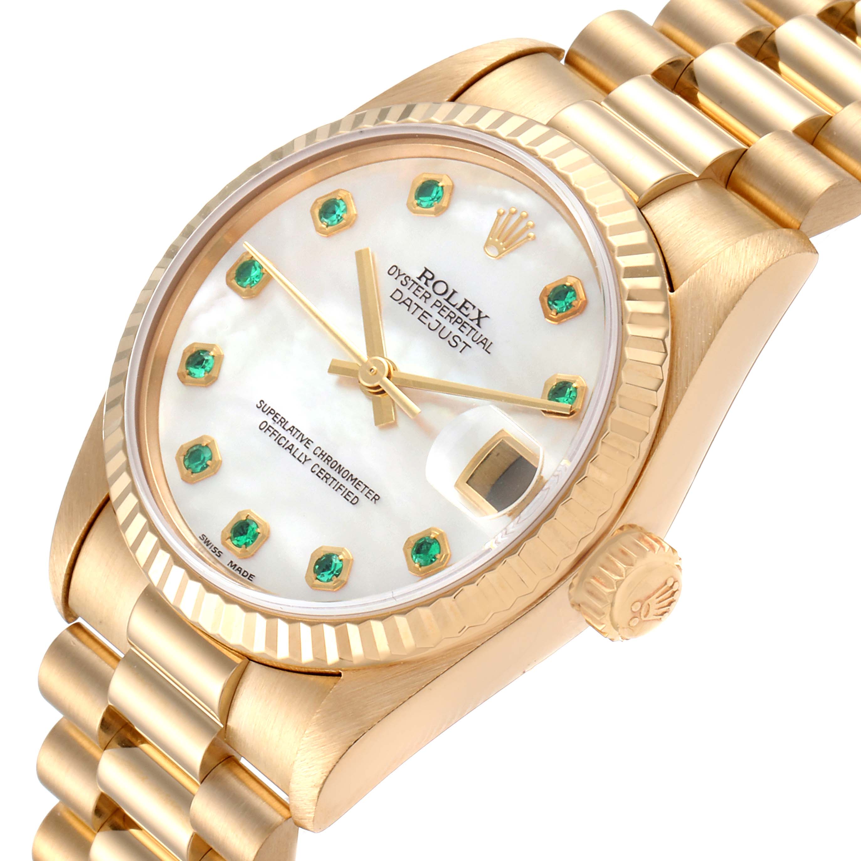 The image shows a Rolex President 78278 Women
s Yellow Gold Mother of Pearl Dial 78278 Women
s Yellow Gold Mother of Pearl Dial model watch at an angle highlighting the face, bezel, crown, and part of the bracelet.