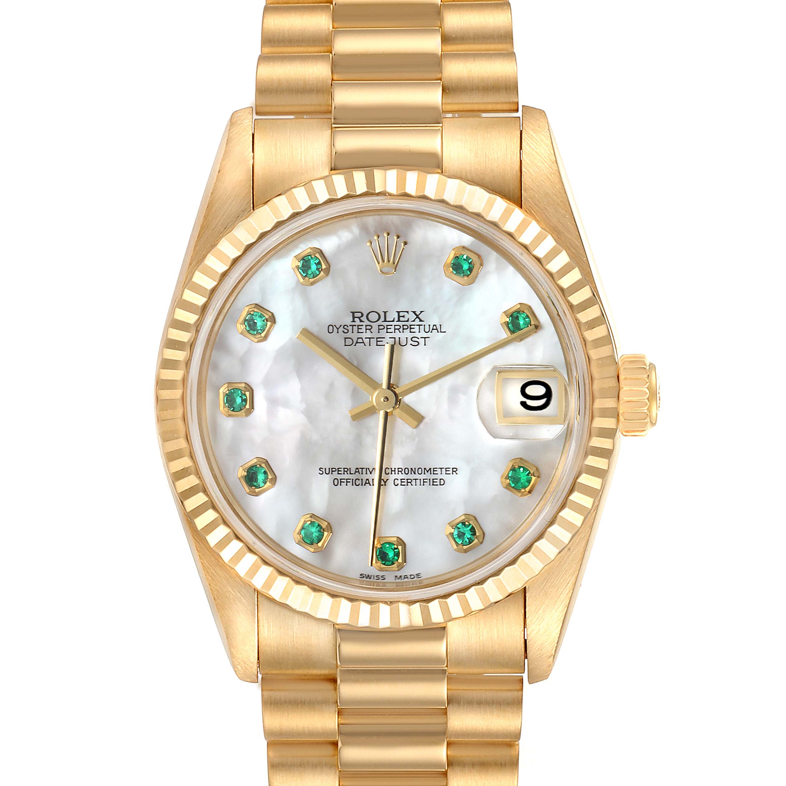 The image shows a front view of a Rolex President 78278 Women
s Yellow Gold Mother of Pearl Dial 78278 Women
s Yellow Gold Mother of Pearl Dial model watch, displaying the dial, bracelet, and fluted bezel.