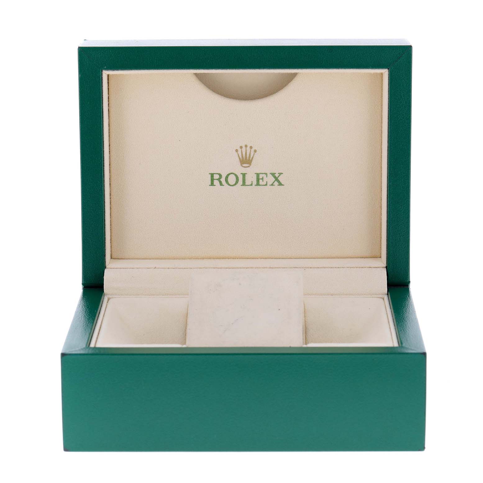 The image shows an open green Rolex watch box, likely intended for the President model, displaying its interior.