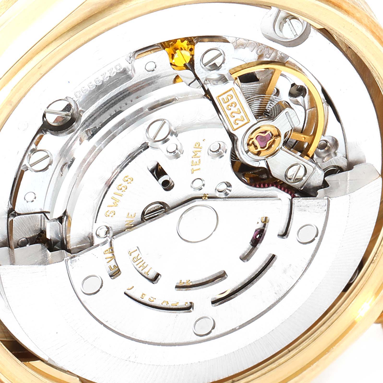 The image shows a close-up view of the movement mechanism of a Rolex President 78278 Women
s Yellow Gold Mother of Pearl Dial 78278 Women
s Yellow Gold Mother of Pearl Dial model watch.