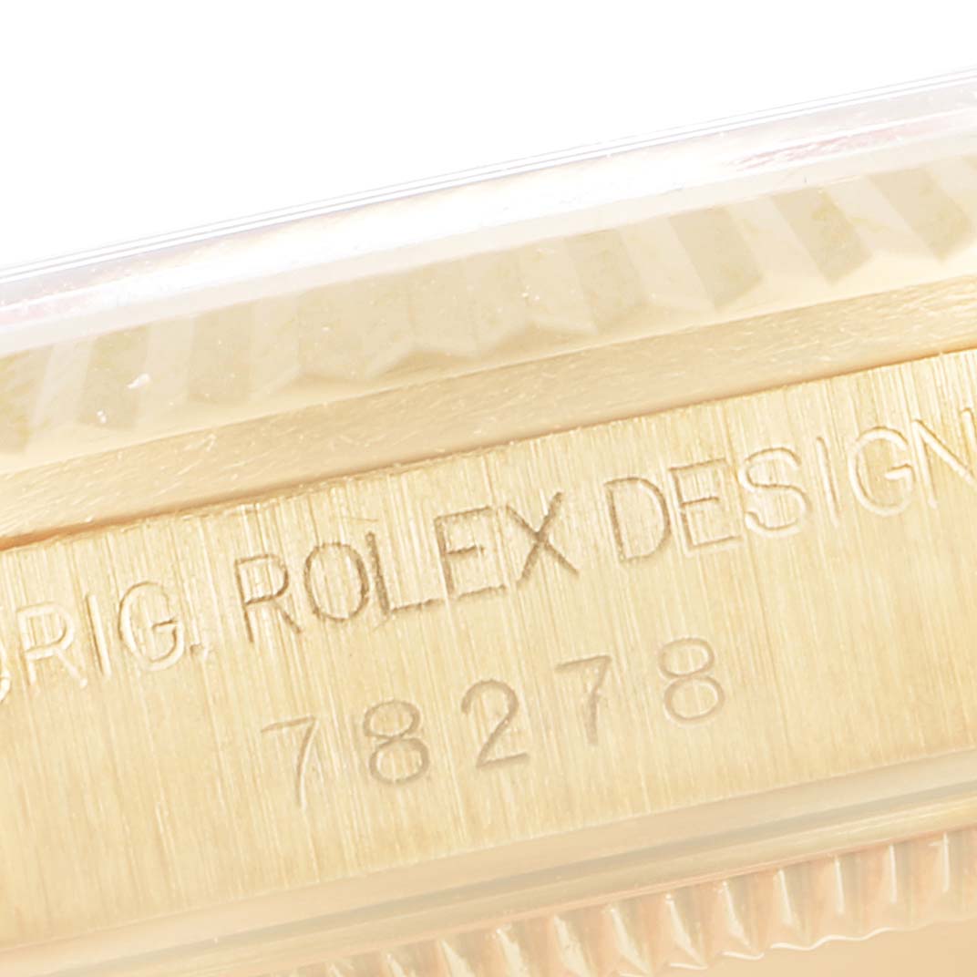 Close-up angle shows the case side of the Rolex President 78278 Women
s Yellow Gold Mother of Pearl Dial 78278 Women
s Yellow Gold Mother of Pearl Dial model, featuring the "ROLEX DESIGN" engraving.