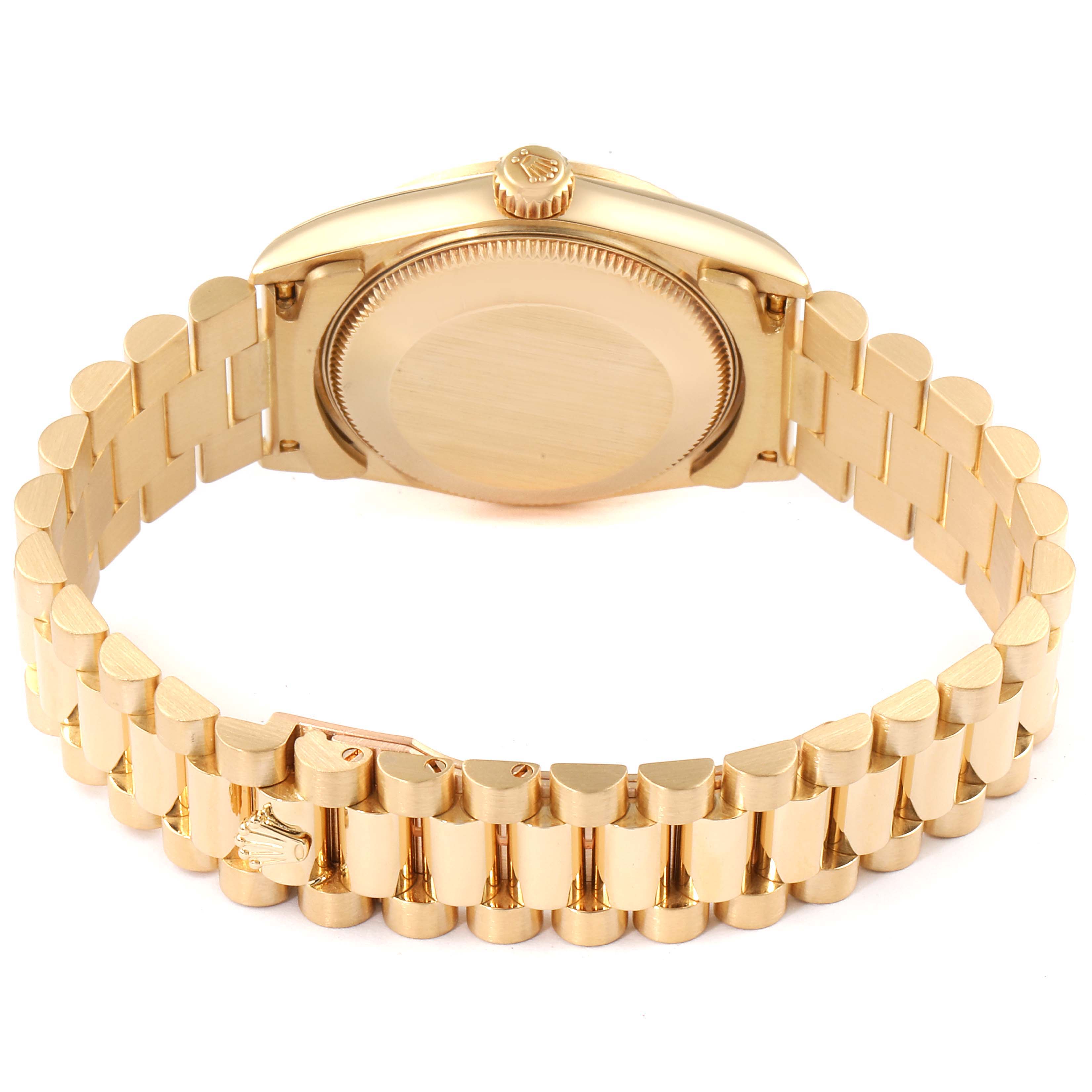 The image shows the back case and bracelet of a Rolex President 78278 Women
s Yellow Gold Mother of Pearl Dial 78278 Women
s Yellow Gold Mother of Pearl Dial model watch from a rear angle.