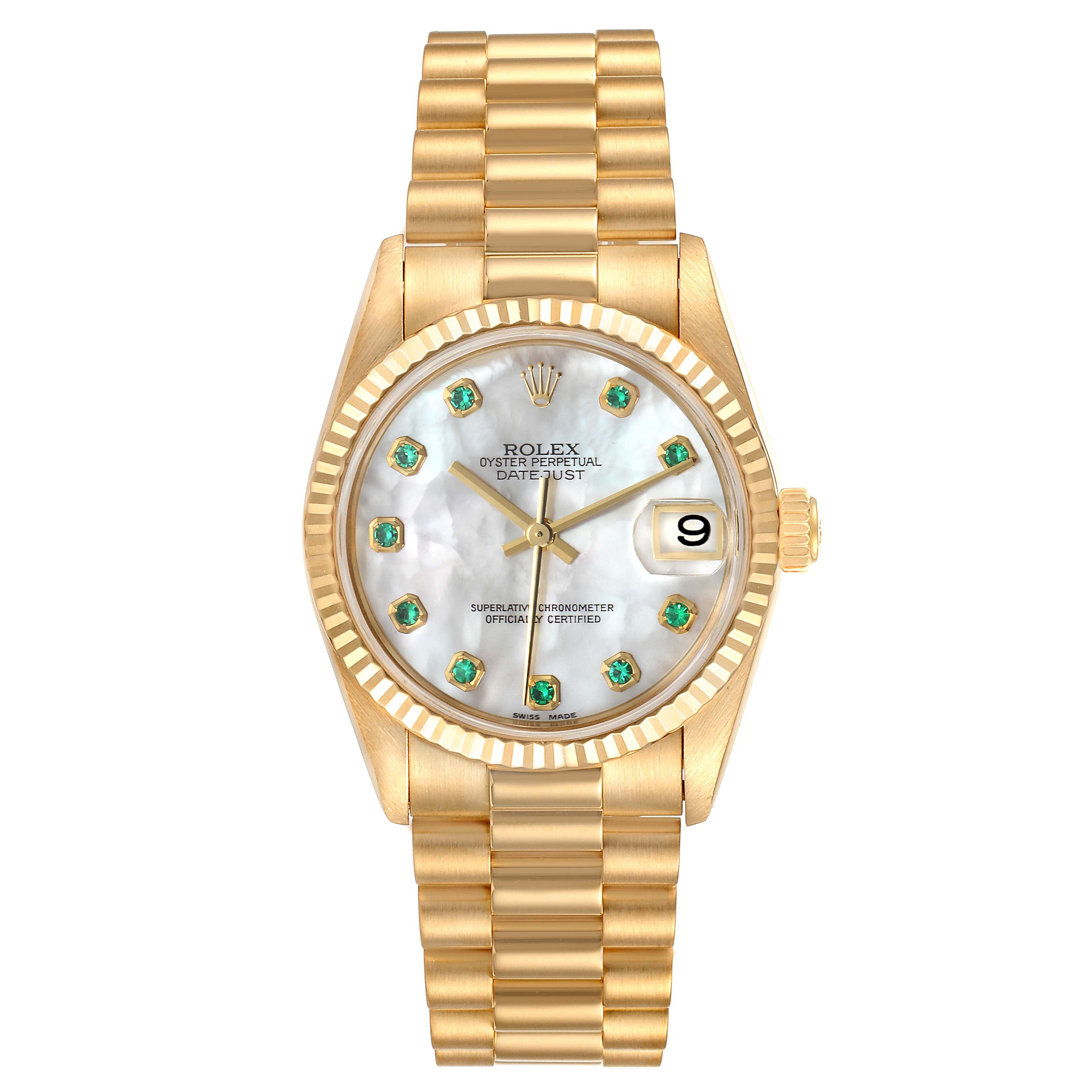 The Rolex President 78278 Women
s Yellow Gold Mother of Pearl Dial 78278 Women
s Yellow Gold Mother of Pearl Dial model watch is shown from a top-down angle, featuring its face, bezel, and bracelet.