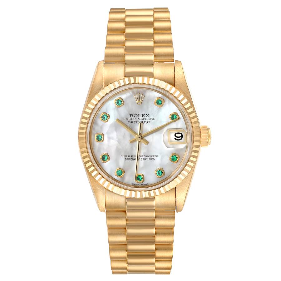 Rolex President Midsize Yellow Gold MOP Emerald Ladies Watch 78278