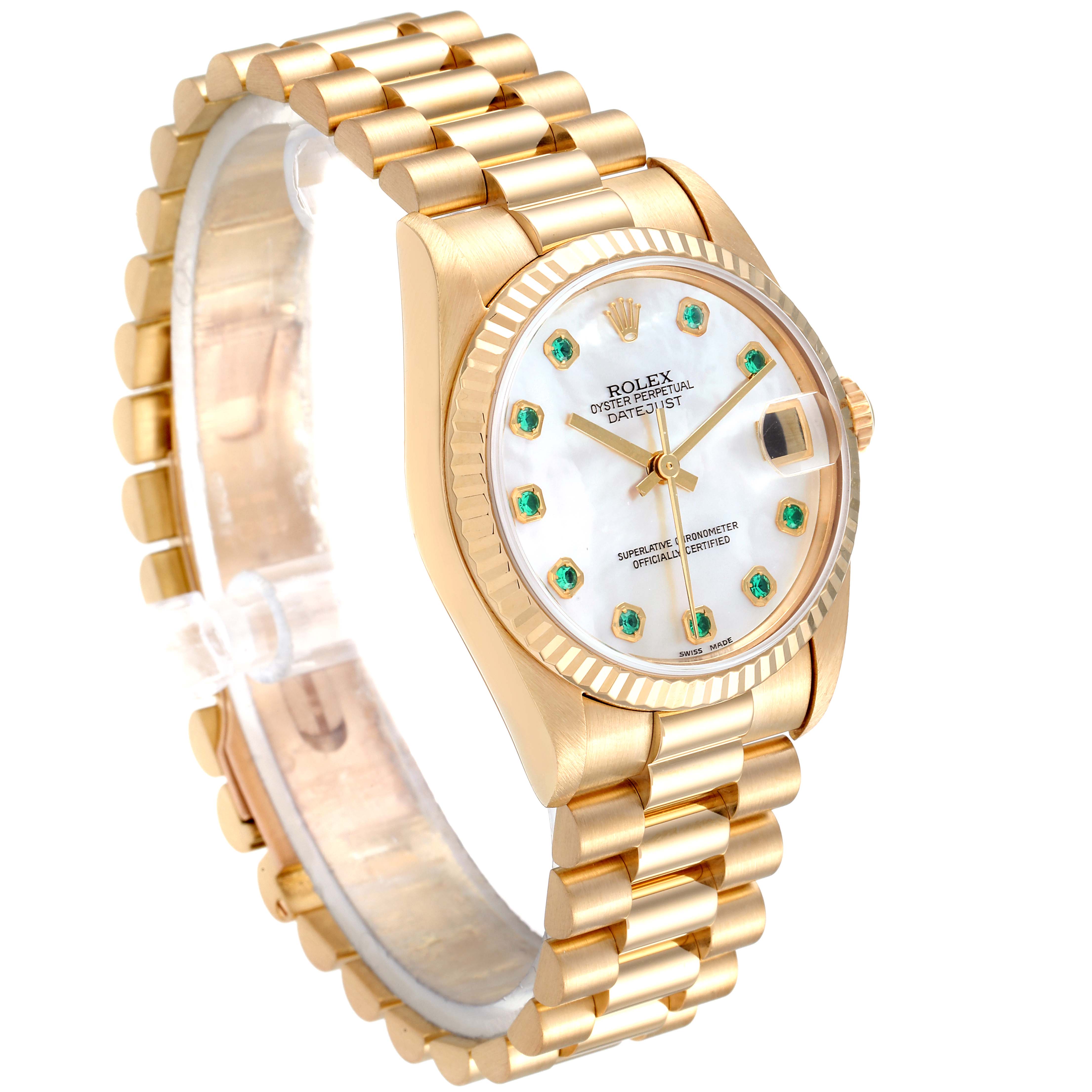 The Rolex President 78278 Women
s Yellow Gold Mother of Pearl Dial 78278 Women
s Yellow Gold Mother of Pearl Dial model watch is shown at an angle, displaying the face, bracelet, and part of the crown.