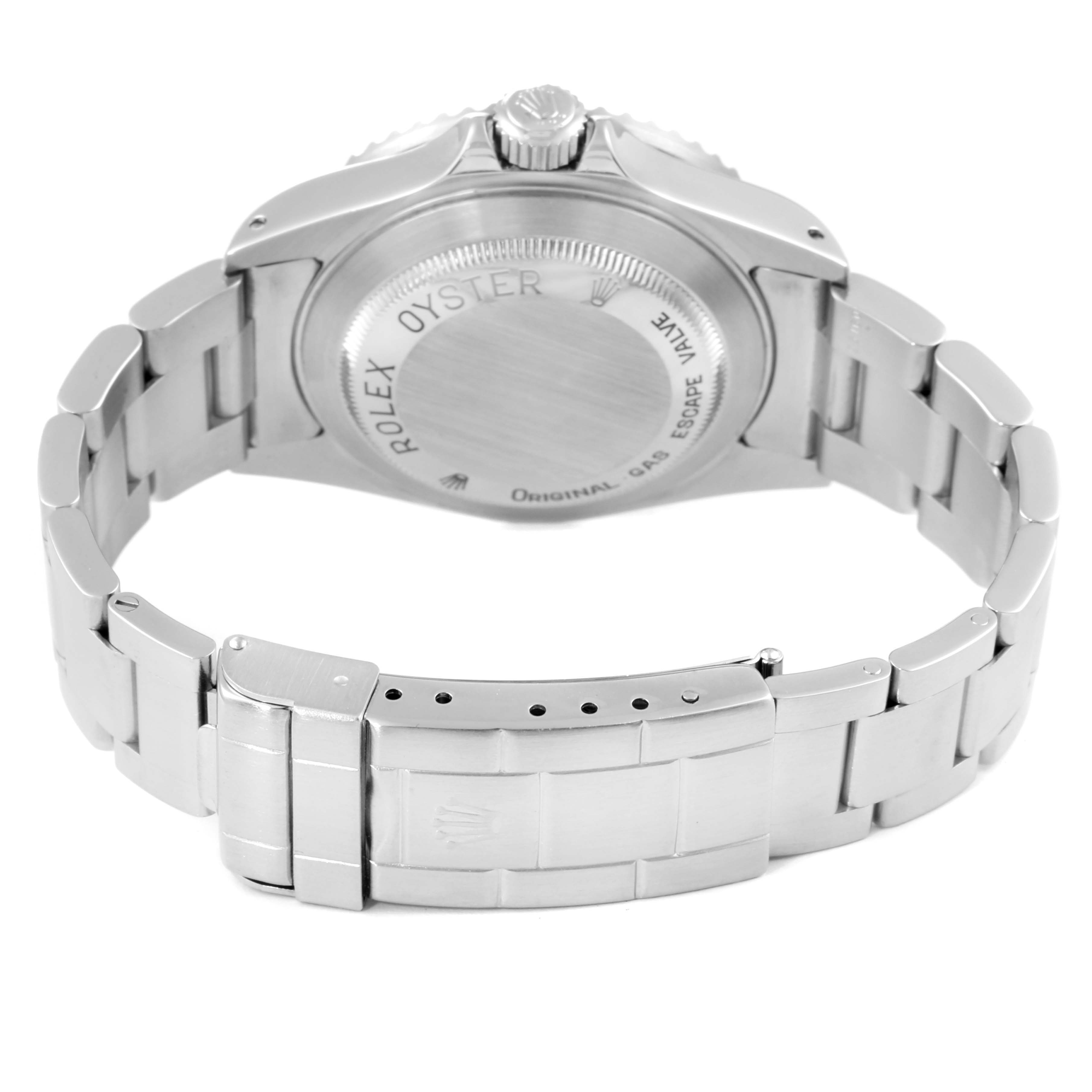 This image shows the back case and bracelet of a Rolex Sea-Dweller 16600 Men
s Stainless Steel Black Dial 16600 Men
s Stainless Steel Black Dial watch from a rear angle.