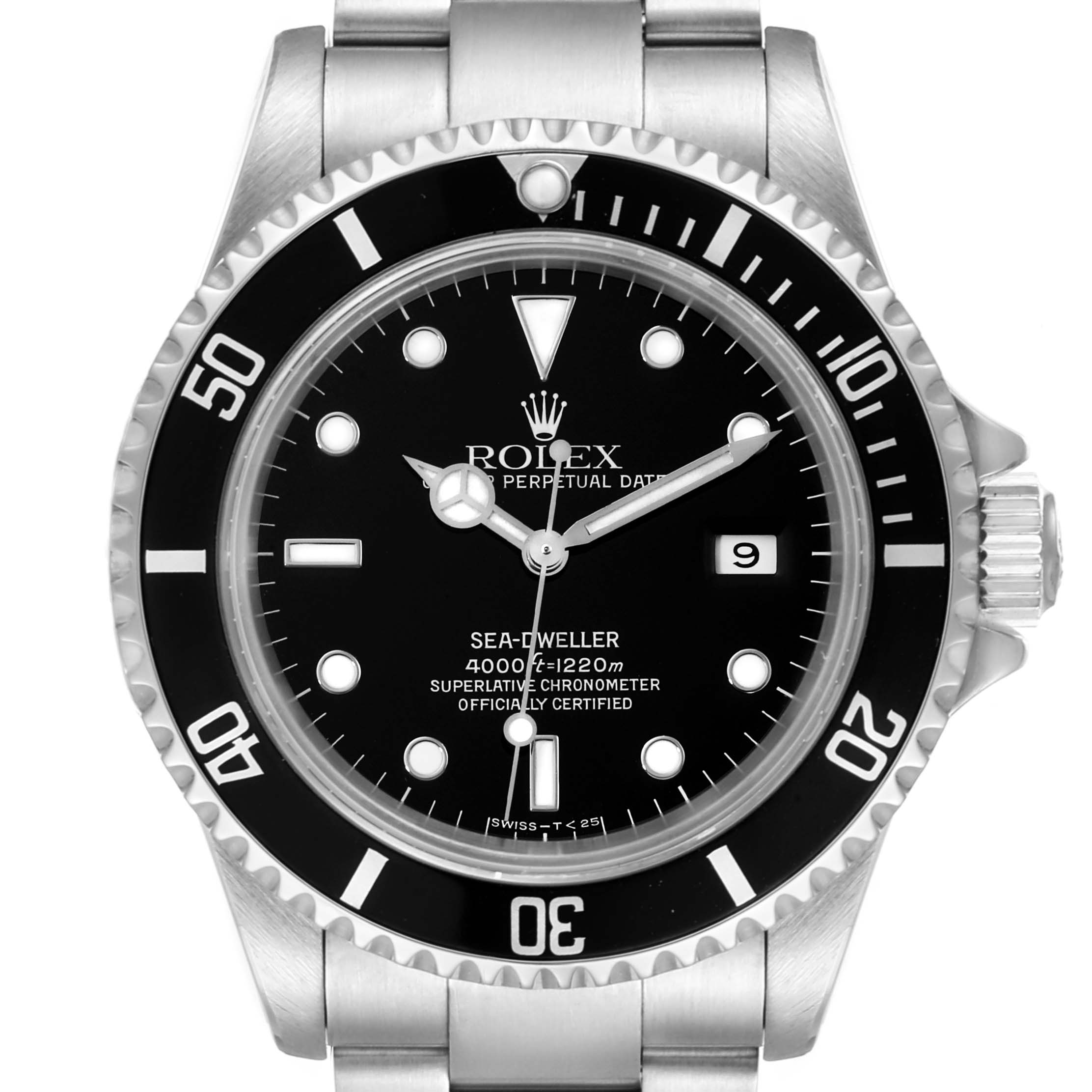 The image shows a front view of the Rolex Sea-Dweller 16600 Men
s Stainless Steel Black Dial 16600 Men
s Stainless Steel Black Dial watch, highlighting its dial, bezel, and part of the bracelet.
