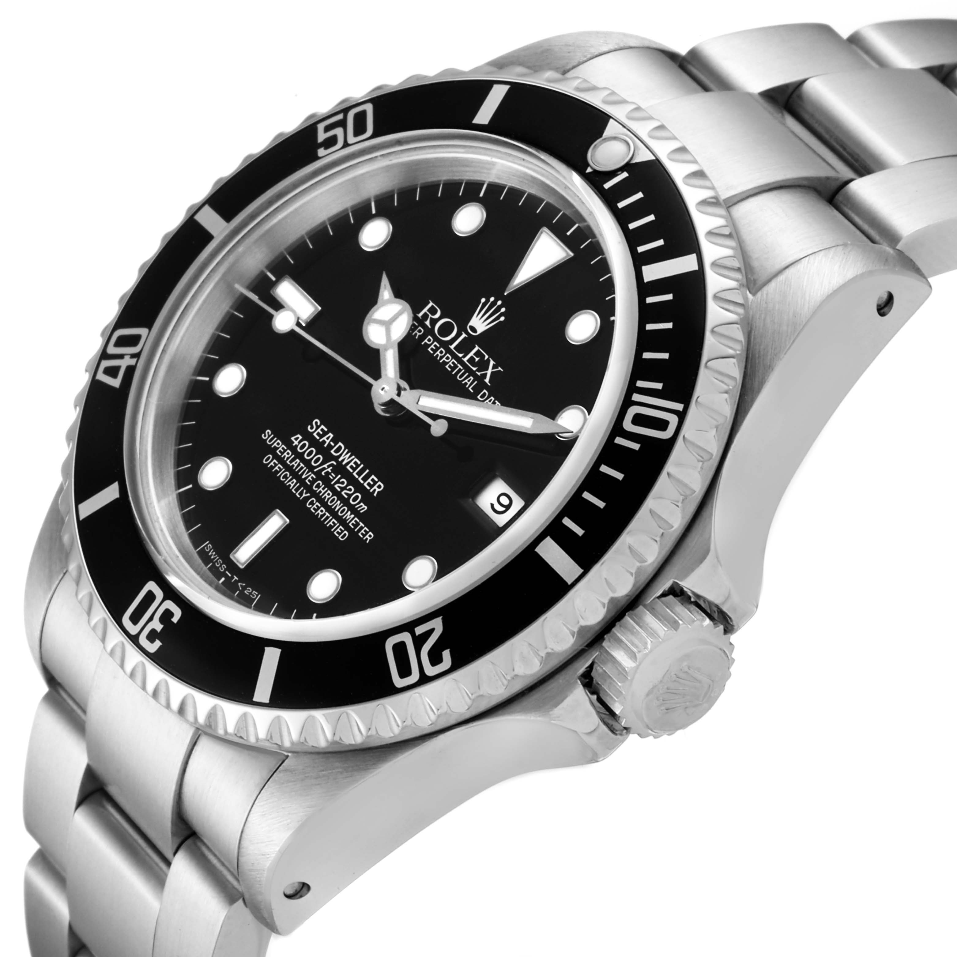 The Rolex Sea-Dweller 16600 Men
s Stainless Steel Black Dial 16600 Men
s Stainless Steel Black Dial watch is shown at a three-quarter angle, displaying the face, bezel, crown, and part of the bracelet.
