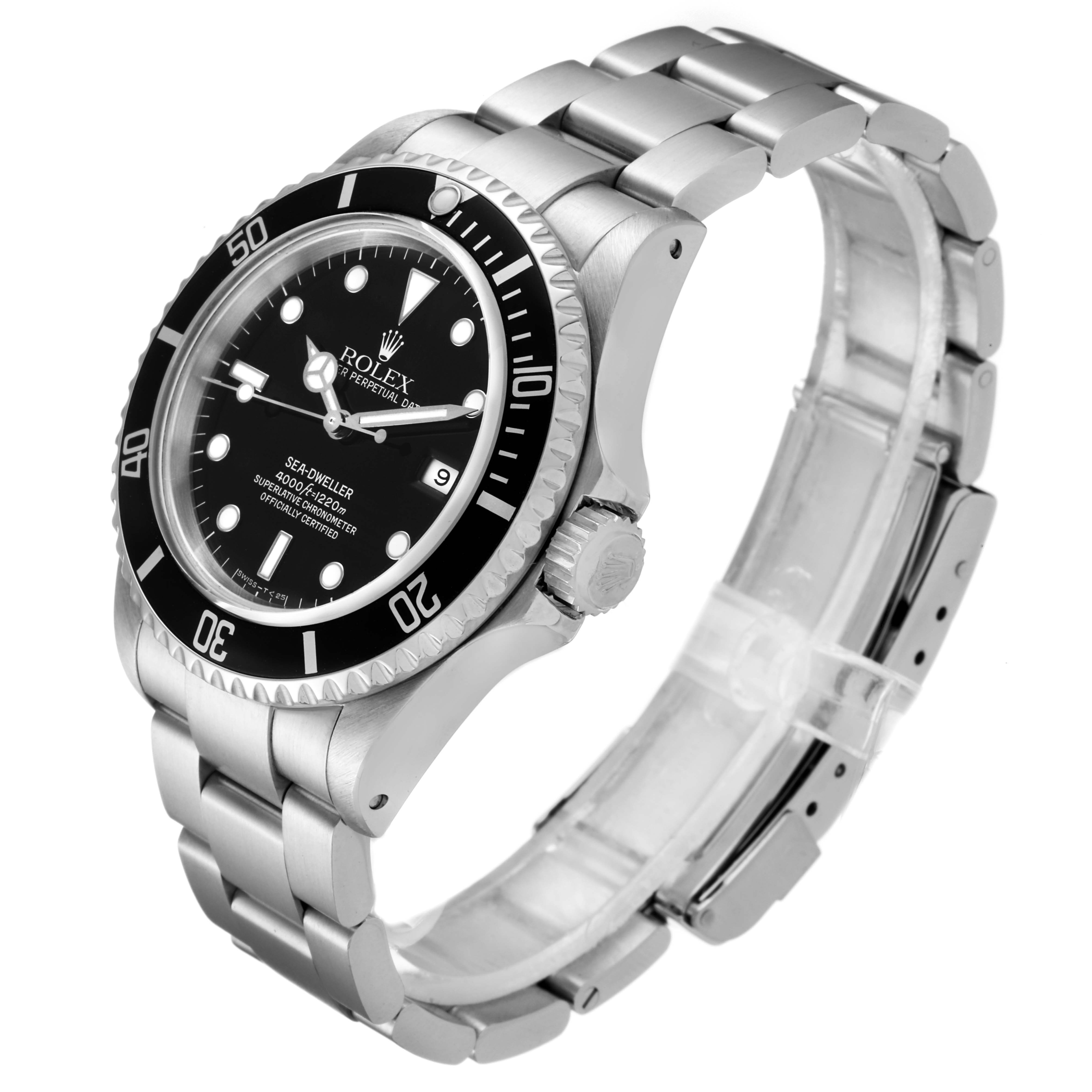 This image shows a Rolex Sea-Dweller 16600 Men
s Stainless Steel Black Dial 16600 Men
s Stainless Steel Black Dial watch angled from the front left, clearly displaying the dial, bezel, crown, and bracelet.