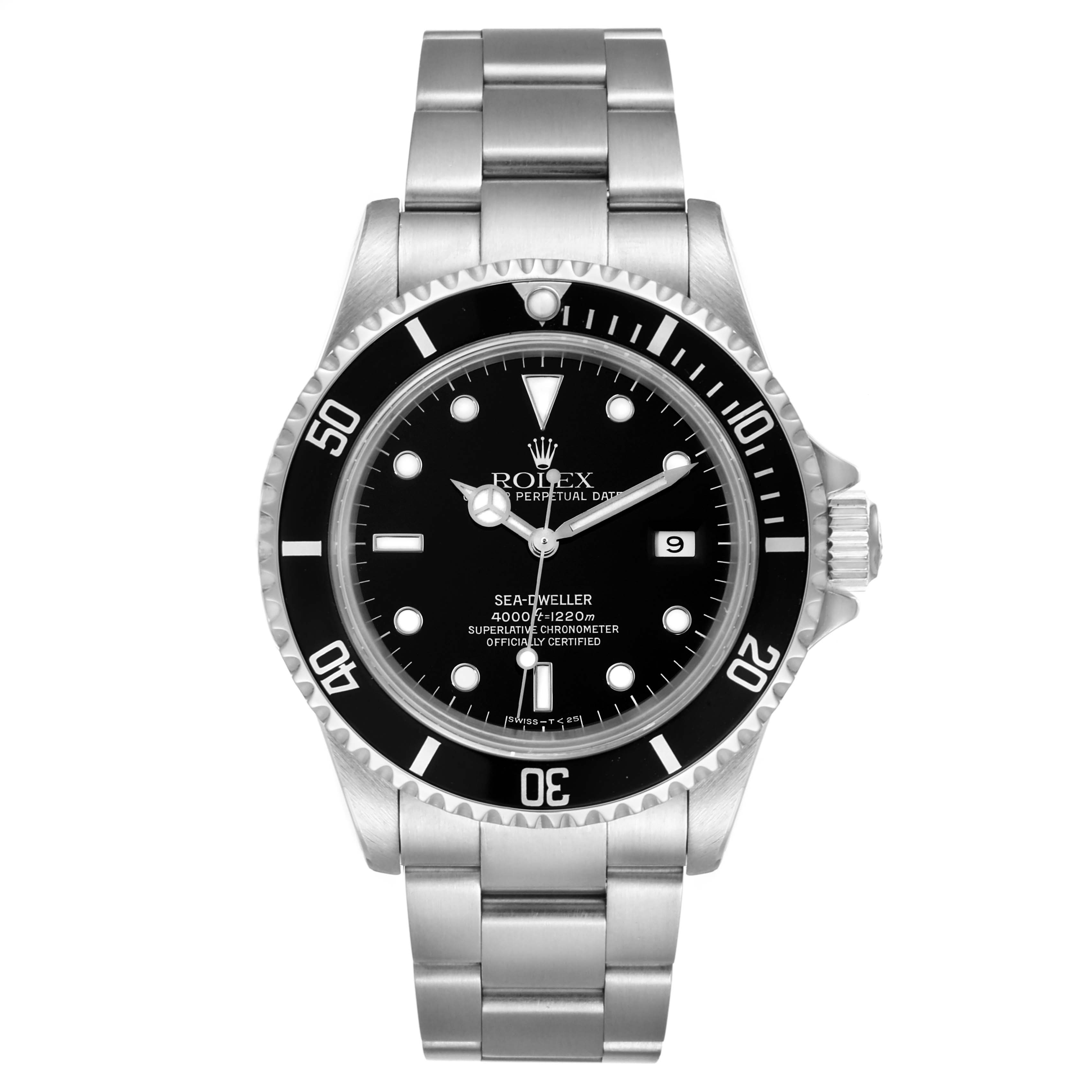 The image shows a front view of the Rolex Sea-Dweller 16600 Men
s Stainless Steel Black Dial 16600 Men
s Stainless Steel Black Dial watch, displaying its bezel, dial, hands, and bracelet.