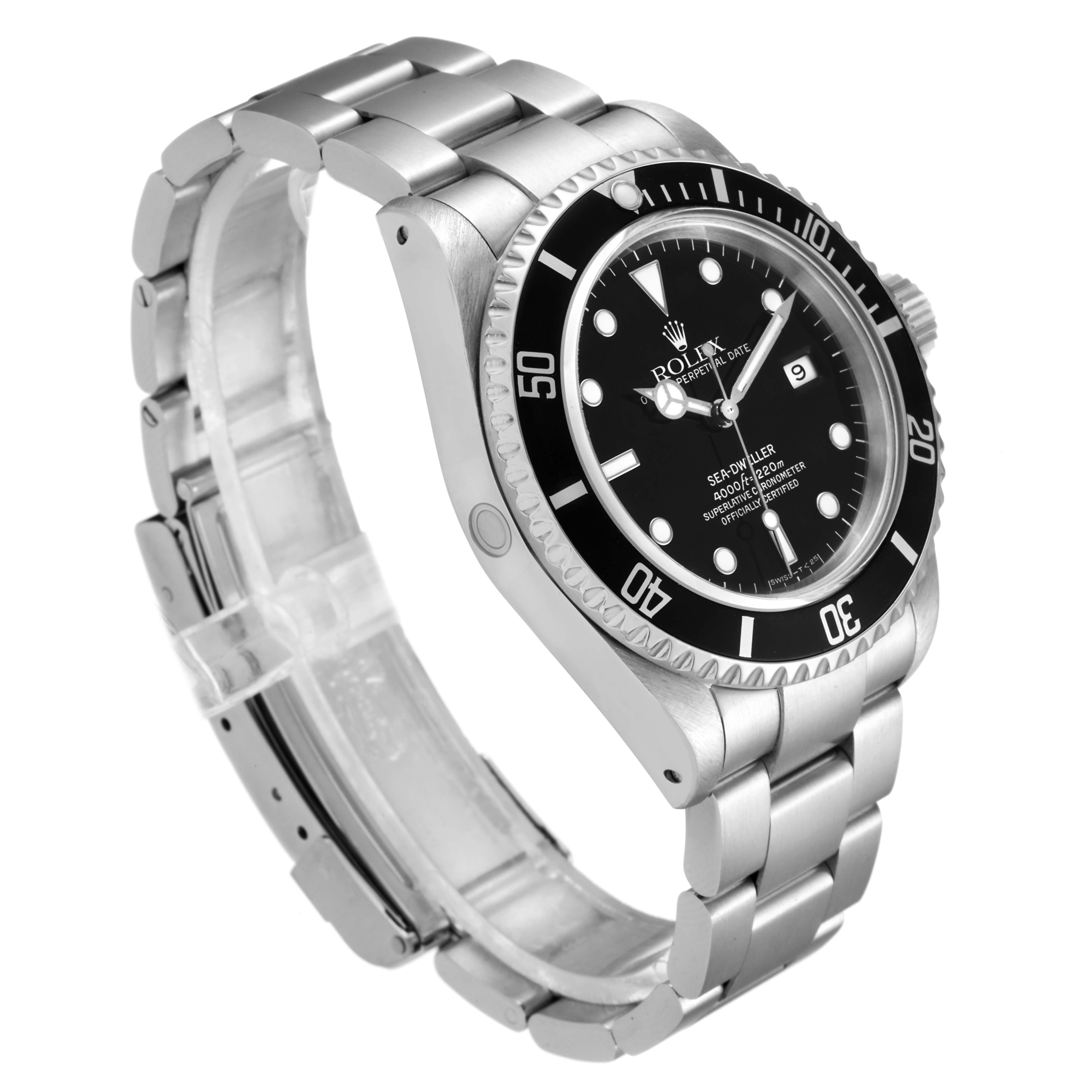 The image shows a Rolex Sea-Dweller 16600 Men
s Stainless Steel Black Dial 16600 Men
s Stainless Steel Black Dial watch angled to display the face, bezel, and part of the bracelet.