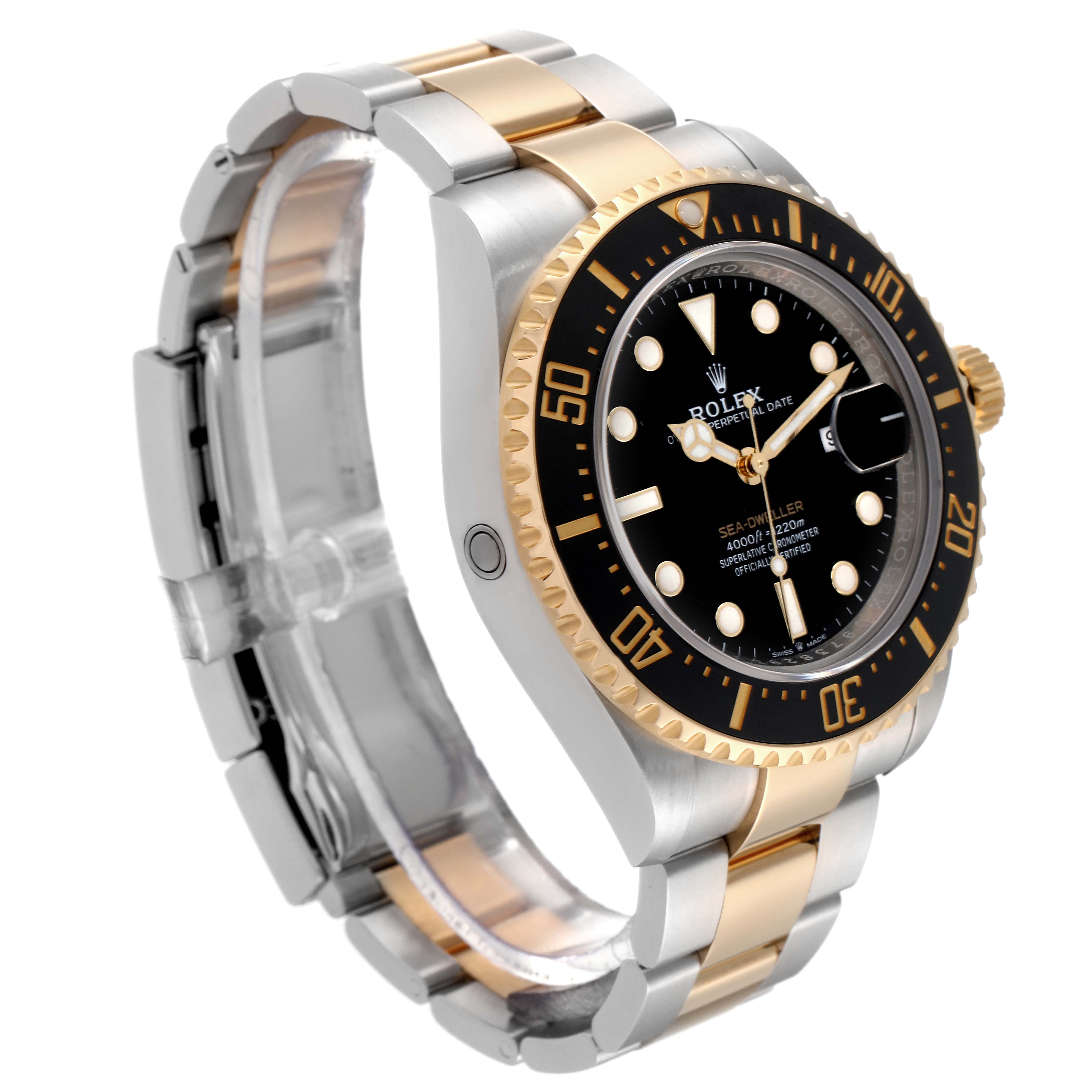 The Rolex Sea-Dweller 126603 Men's Steel and Gold (two tone) Black Dial 126603 Men's Steel and Gold (two tone) Black Dial watch is shown at an angled side view, highlighting its bezel, dial, and bracelet.