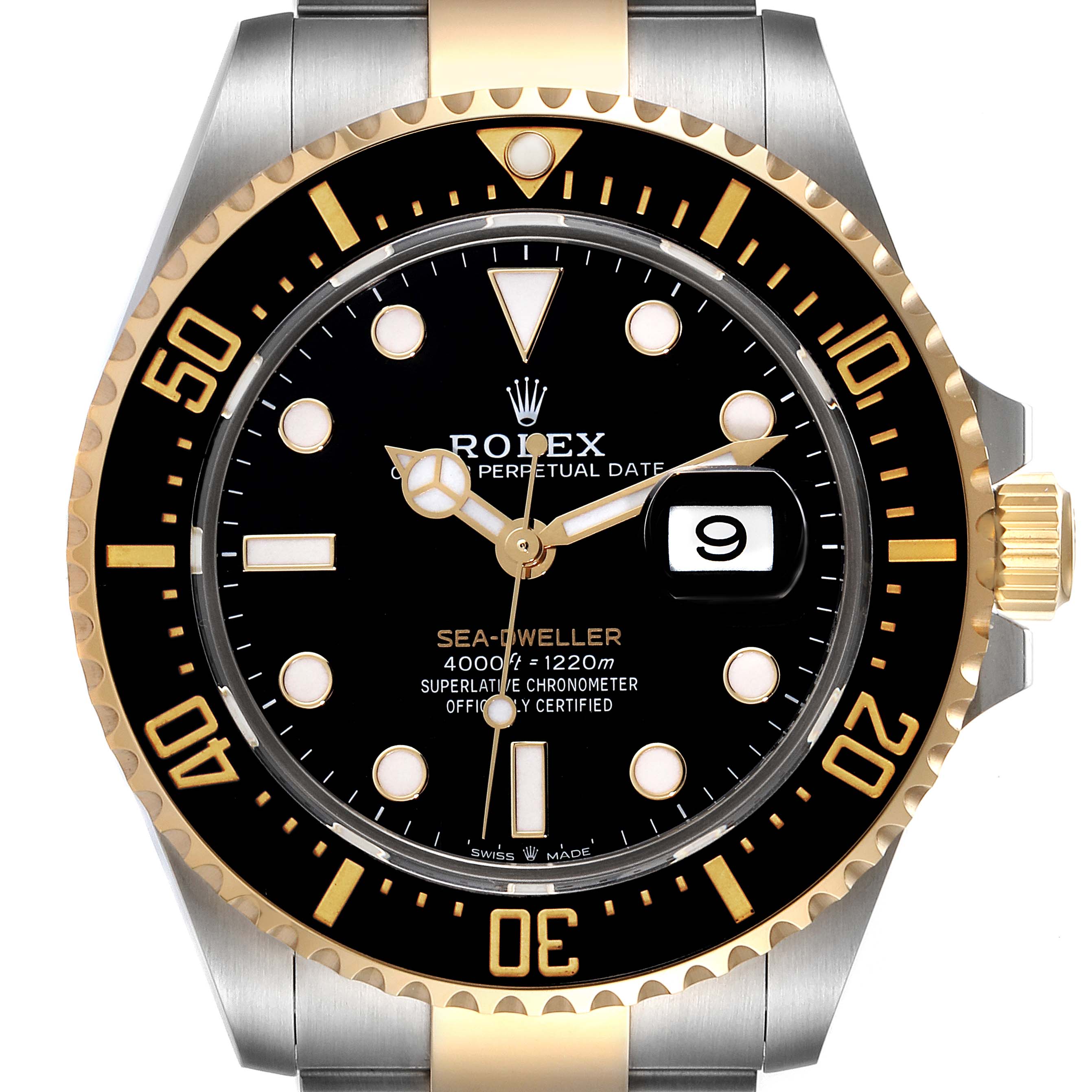 The image shows a front view of the Rolex Sea-Dweller 126603 Men's Steel and Gold (two tone) Black Dial 126603 Men's Steel and Gold (two tone) Black Dial watch, featuring its black dial, date window, and two-tone gold and silver bezel and bracelet.