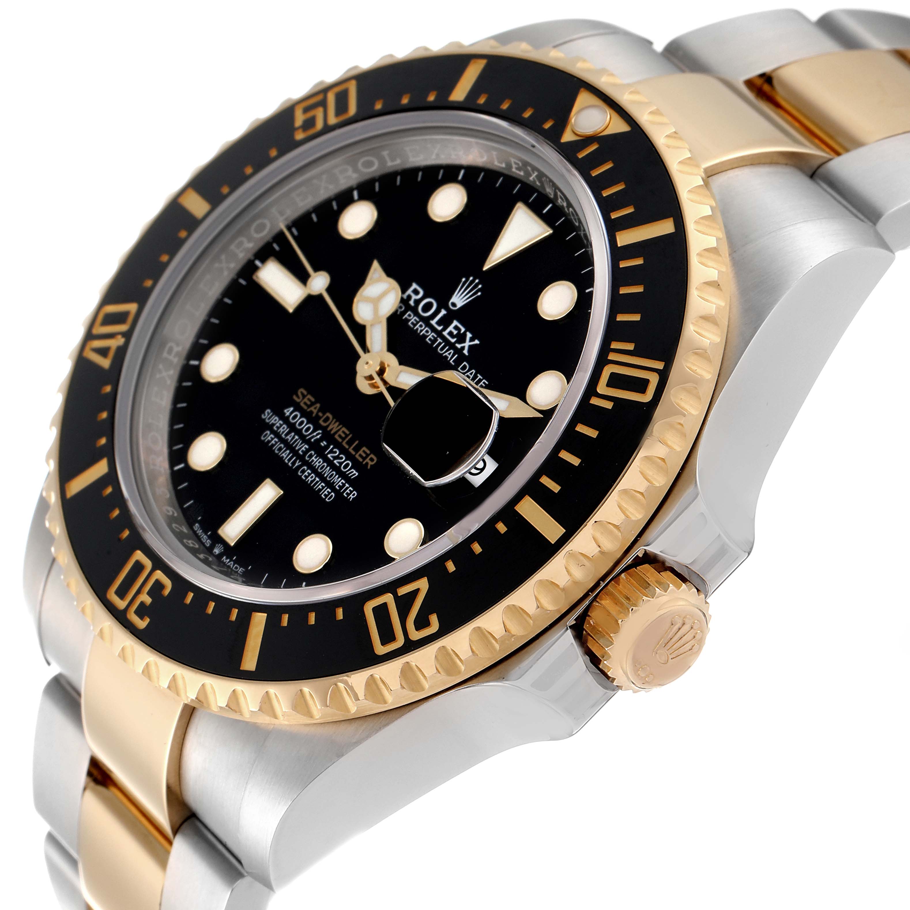 The image shows a close-up angle of the Rolex Sea-Dweller 126603 Men's Steel and Gold (two tone) Black Dial 126603 Men's Steel and Gold (two tone) Black Dial watch, highlighting the bezel, dial, crown, and part of the bracelet.