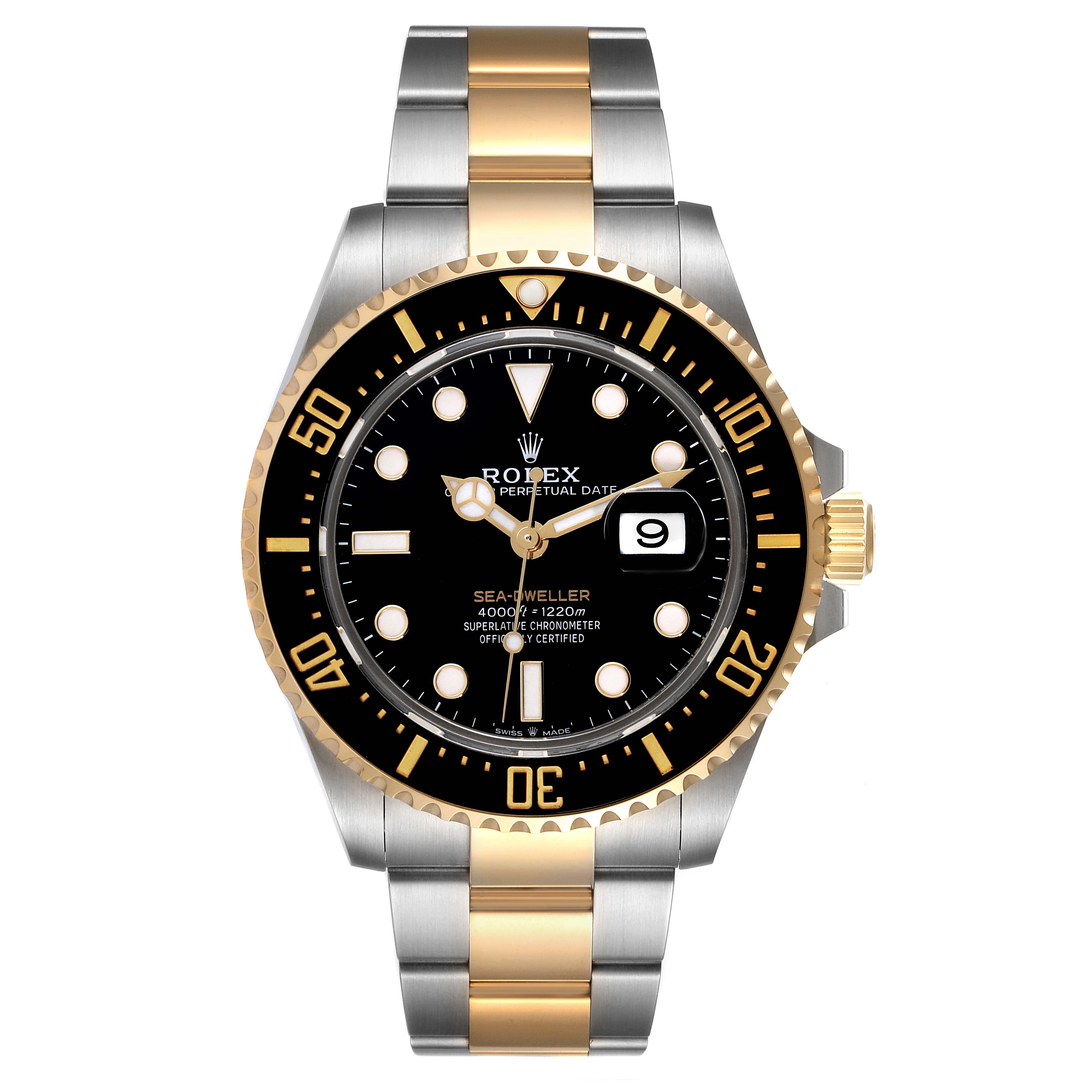 The Rolex Sea-Dweller 126603 Men's Steel and Gold (two tone) Black Dial 126603 Men's Steel and Gold (two tone) Black Dial watch is shown from a front angle, highlighting the dial, bezel, case, and bracelet.