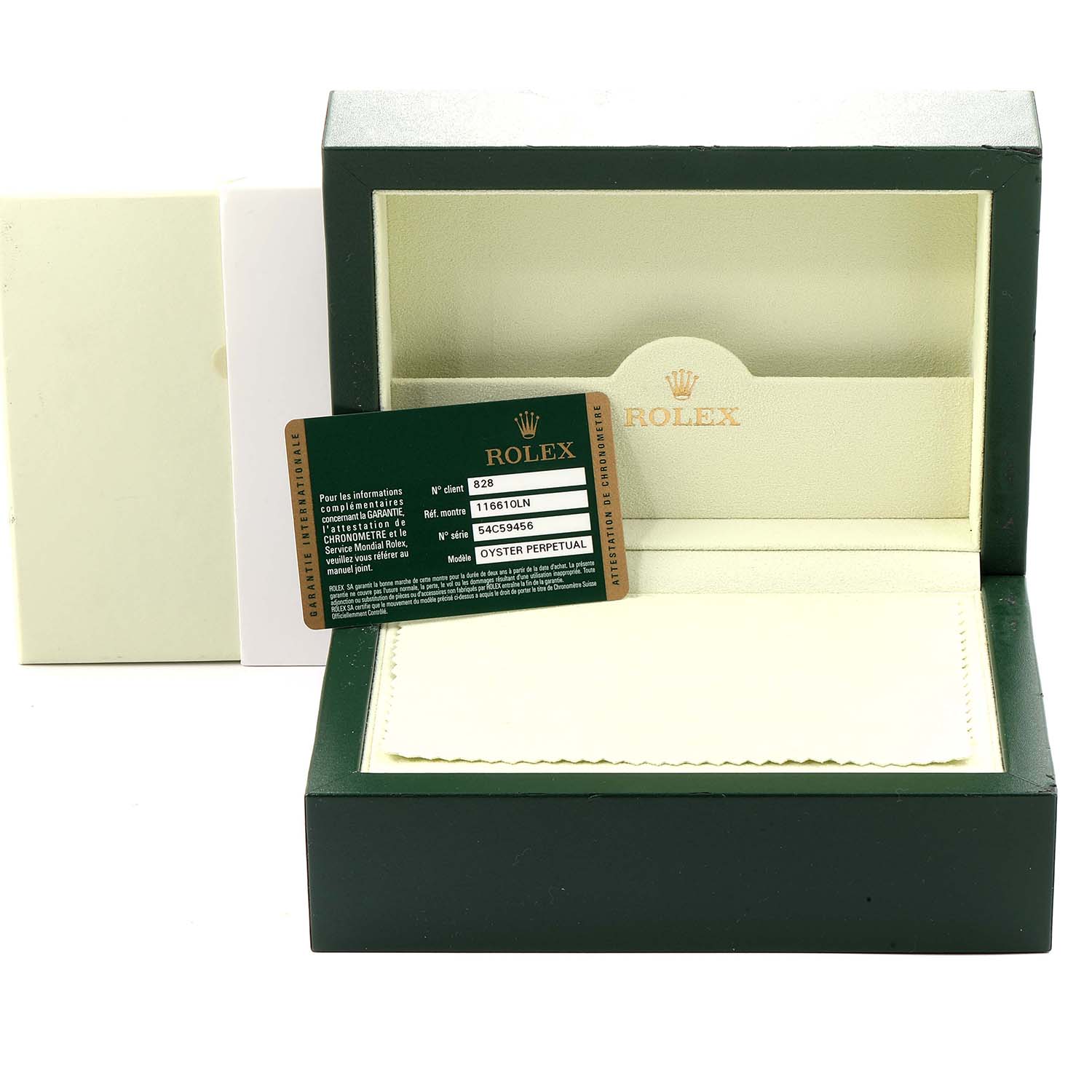 The image shows the packaging box and Best Quality
ity card for a Rolex Submariner 116610 Men
s Stainless Steel Black Dial 116610 Men
s Stainless Steel Black Dial watch, photographed from the front.