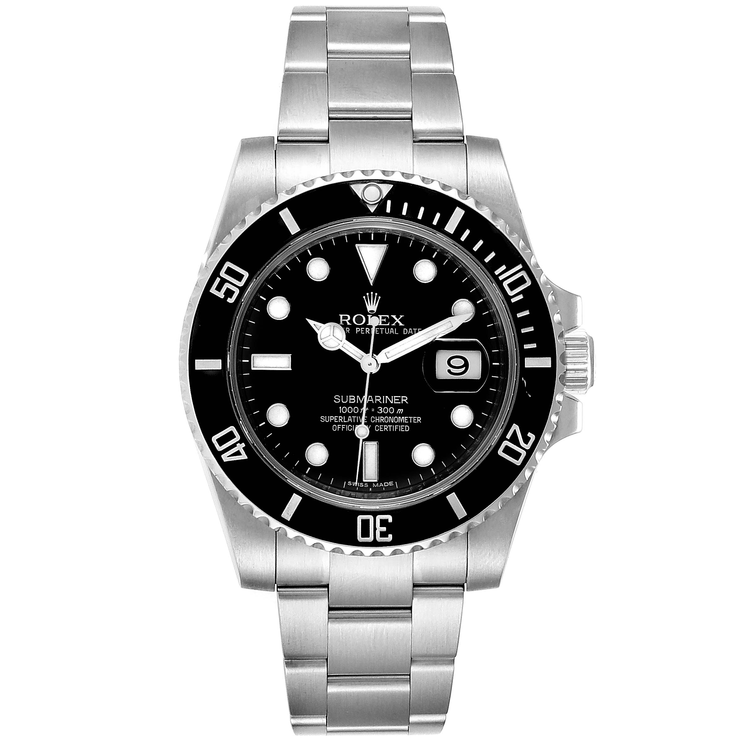 The image shows a front view of the Rolex Submariner 116610 Men
s Stainless Steel Black Dial 116610 Men
s Stainless Steel Black Dial watch, highlighting its black dial, bezel, and stainless steel bracelet.