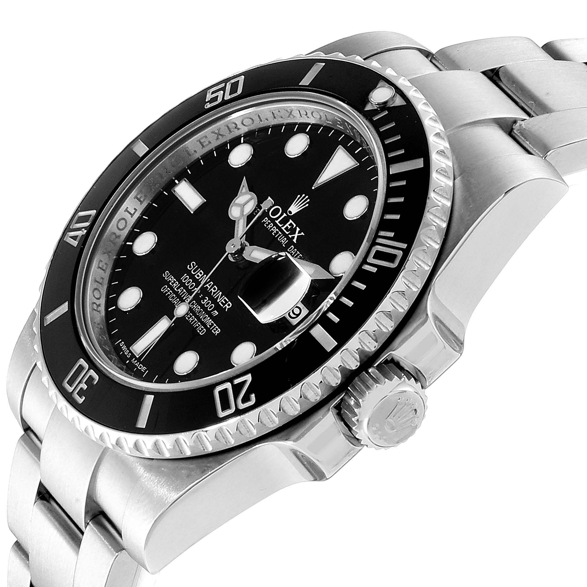 This image shows a close-up angled view of a Rolex Submariner 116610 Men
s Stainless Steel Black Dial 116610 Men
s Stainless Steel Black Dial, highlighting its black dial, bezel, and stainless steel bracelet.