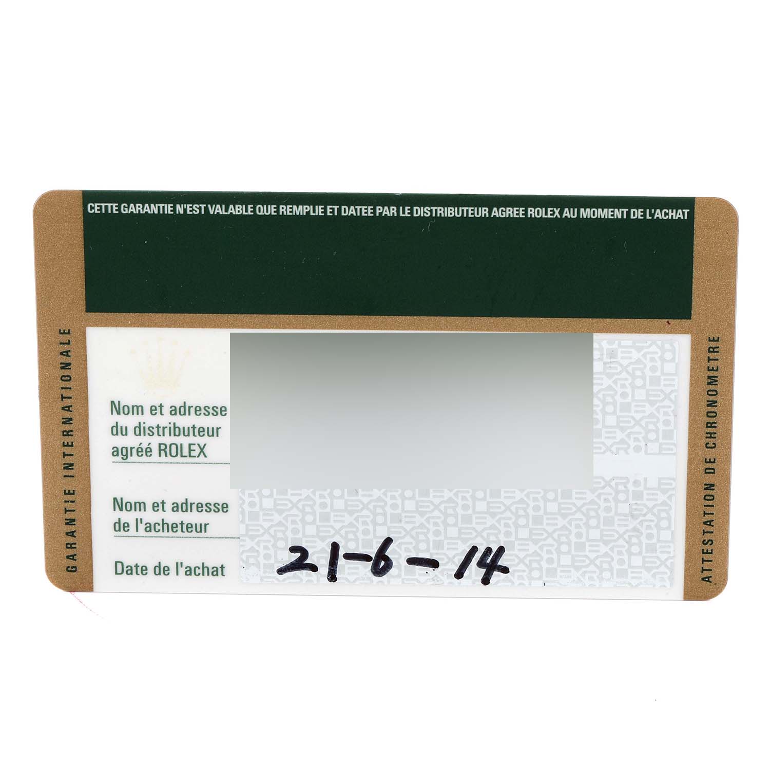 The image shows a warranty card for the Rolex Submariner 116610 Men
s Stainless Steel Black Dial 116610 Men
s Stainless Steel Black Dial model.