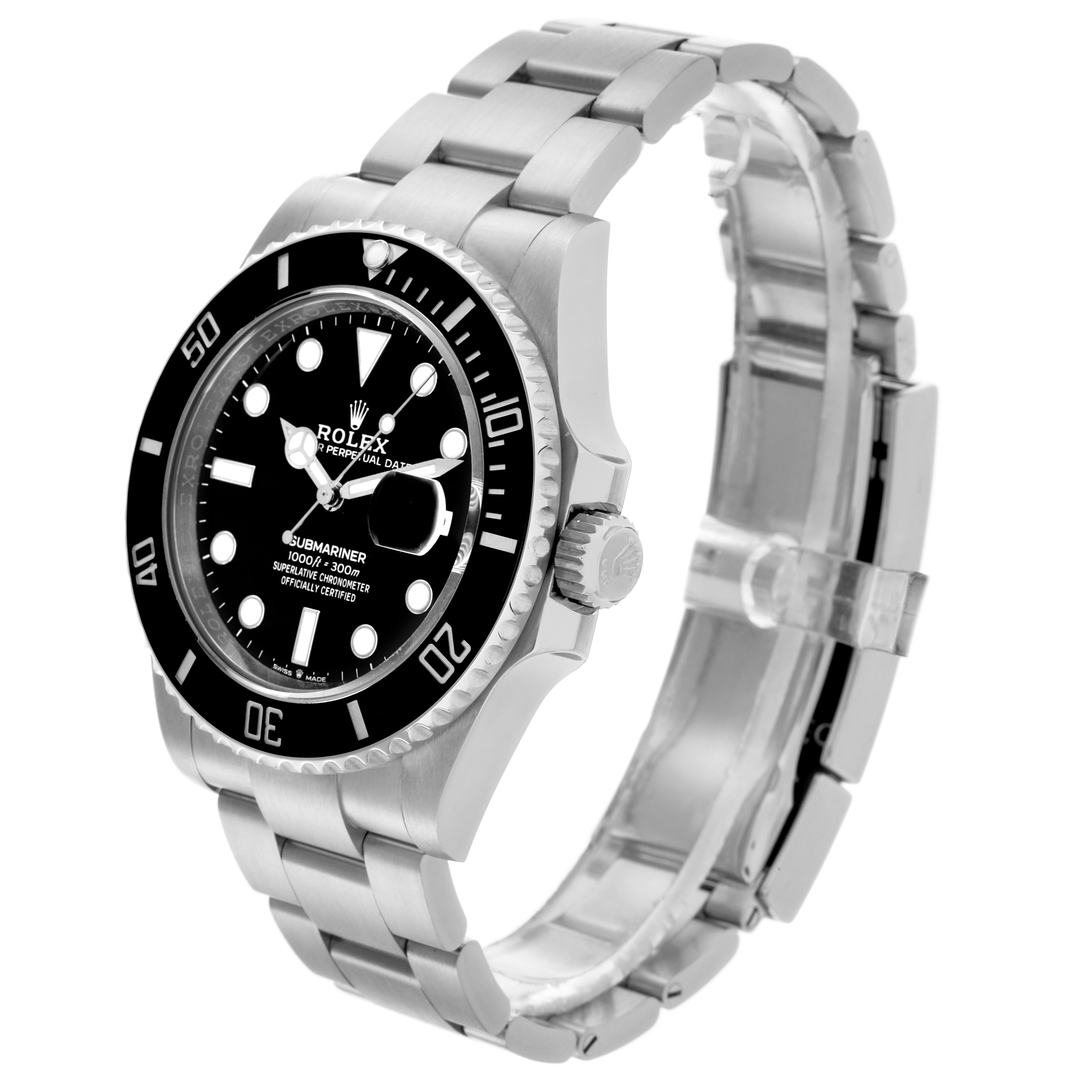 The Rolex Submariner 126610 Men's Stainless Steel Black Dial 126610 Men's Stainless Steel Black Dial watch is shown at a three-quarter angle, highlighting its bezel, dial, crown, and bracelet.