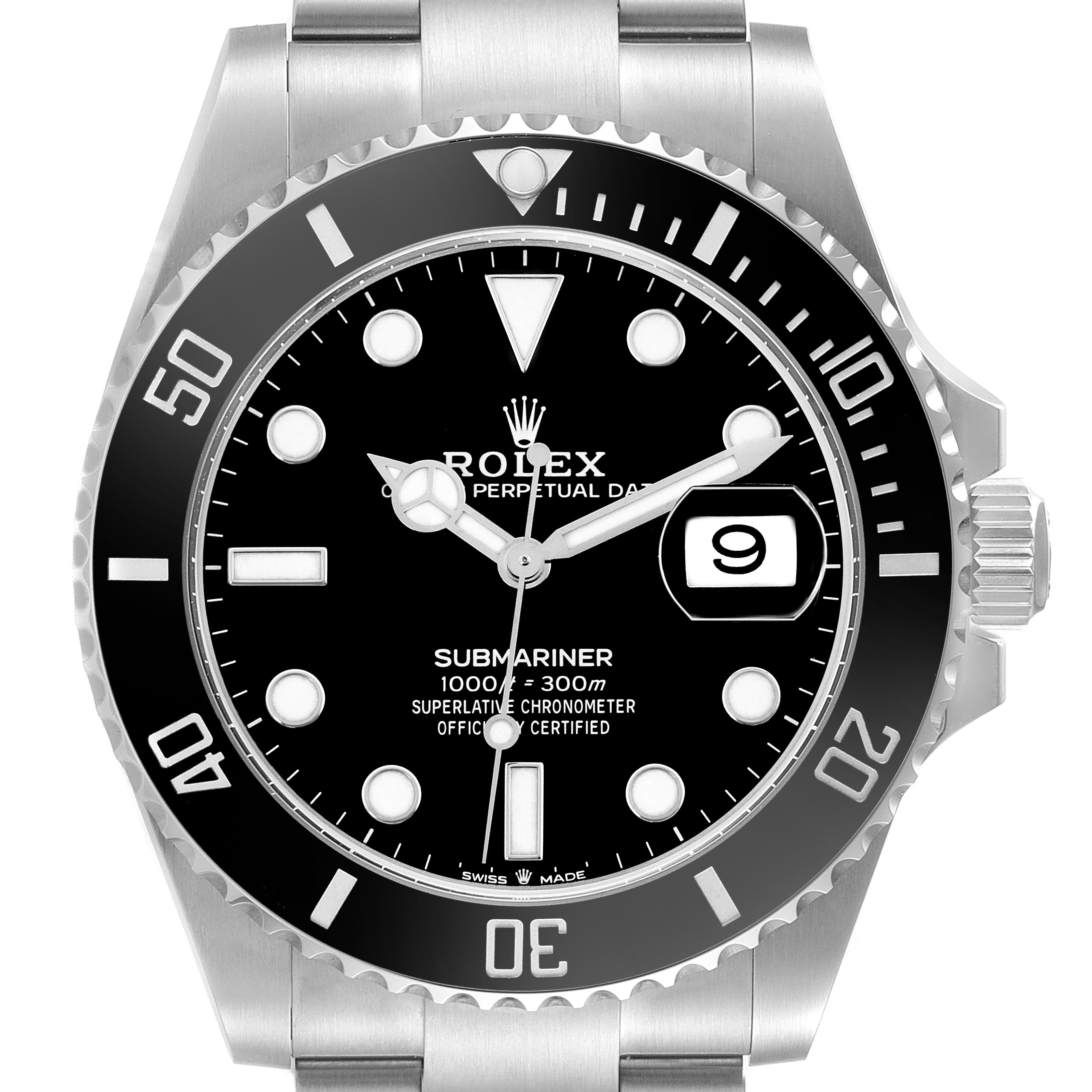 The Rolex Submariner 126610 Men's Stainless Steel Black Dial 126610 Men's Stainless Steel Black Dial watch is shown from a front view, displaying its dial, bezel, and part of the bracelet.
